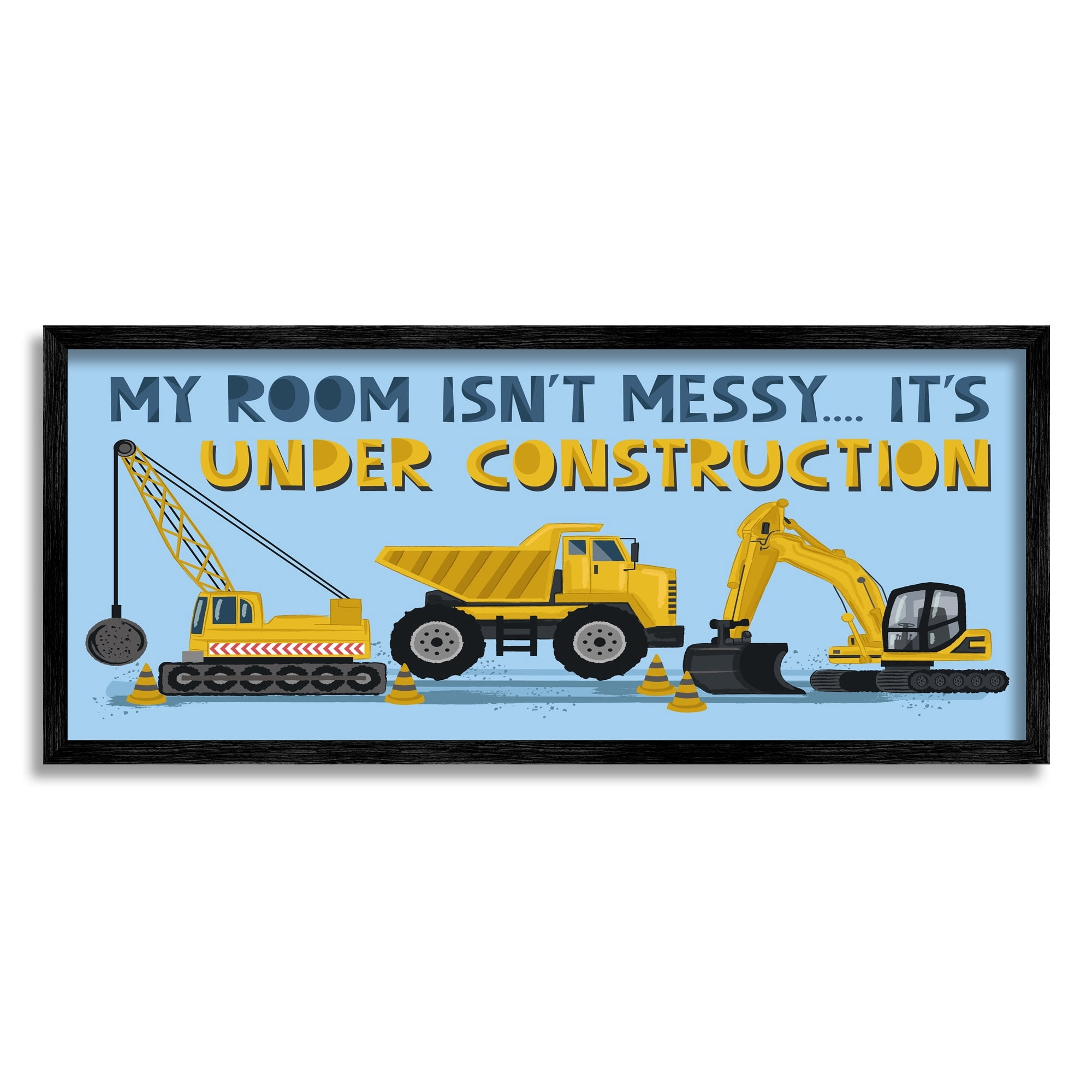 Stupell Industries My Room's Under Construction Kids' Sign Yellow Vehicles Novelty Painting Black Framed Art Print Wall Art, 10 x 24, Design by Lisa Perry Whitebutton