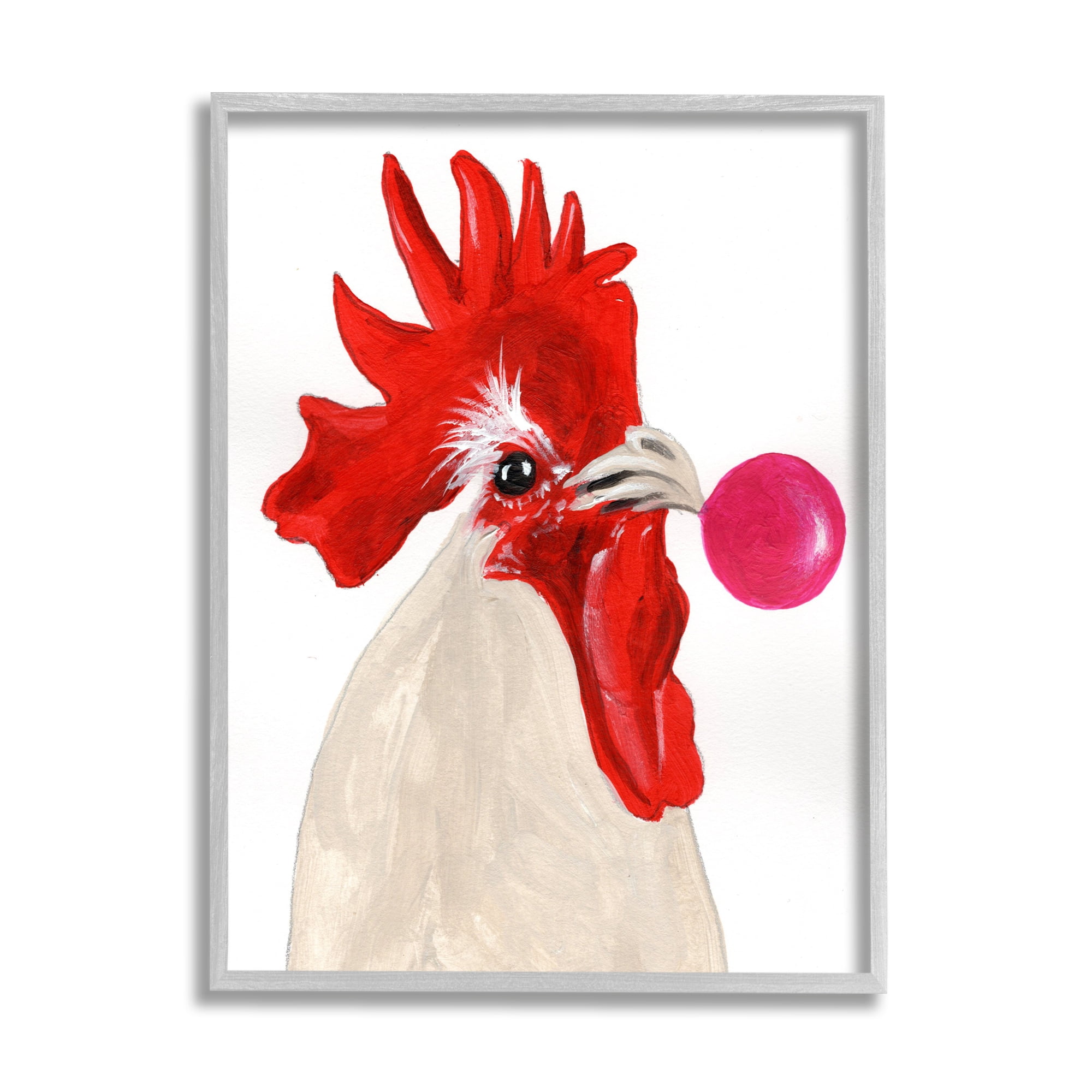Stupell Industries Rooster Blowing Bubblegum Animals & Insects Painting Gray Framed Art Print Wall Art, 11 x 14
