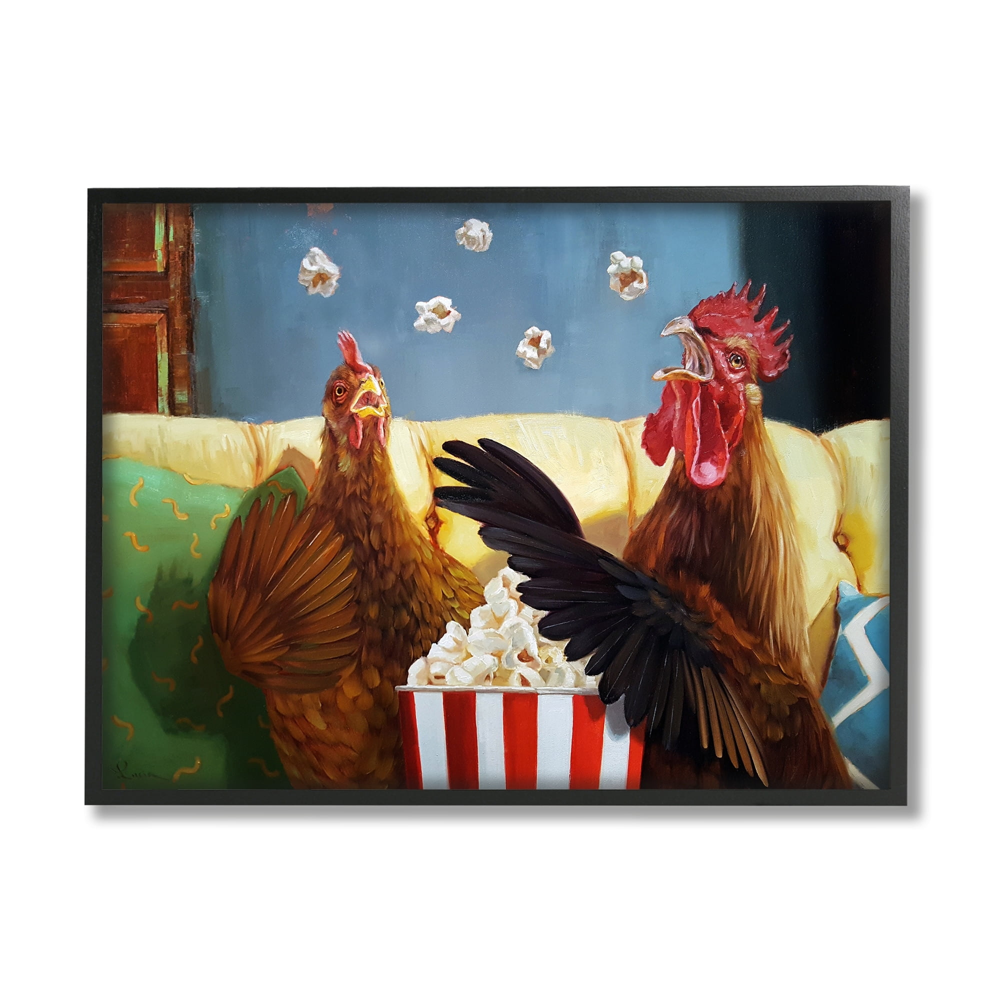 Stupell Industries Rooster Chicken Tossing Catching Popcorn Movie Night Framed Wall Art, 14 x 11, Design by Lucia Heffernan