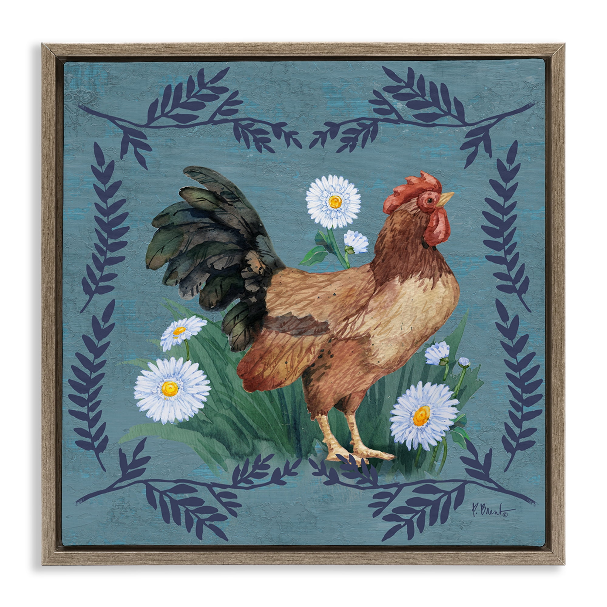 Stupell Industries Rooster & Daisies Animals & Insects Painting Brown Floater Framed Canvas Art Print Wall Art, 25 x 25