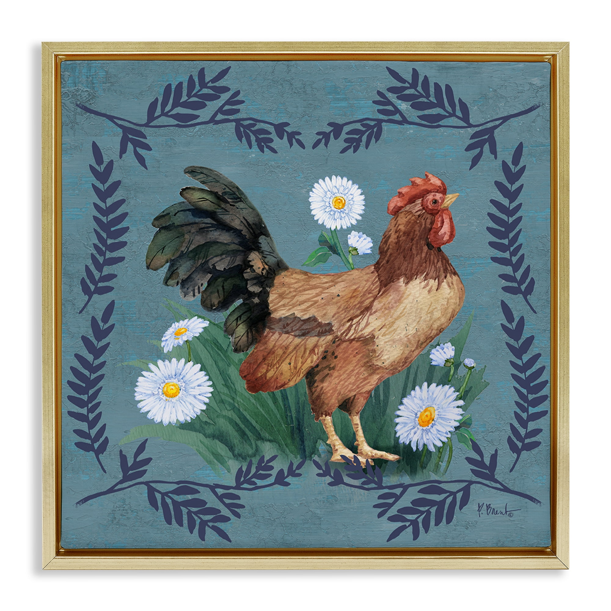 Stupell Industries Rooster & Daisies Animals & Insects Painting Gold Floater Framed Canvas Art Print Wall Art, 18 x 18