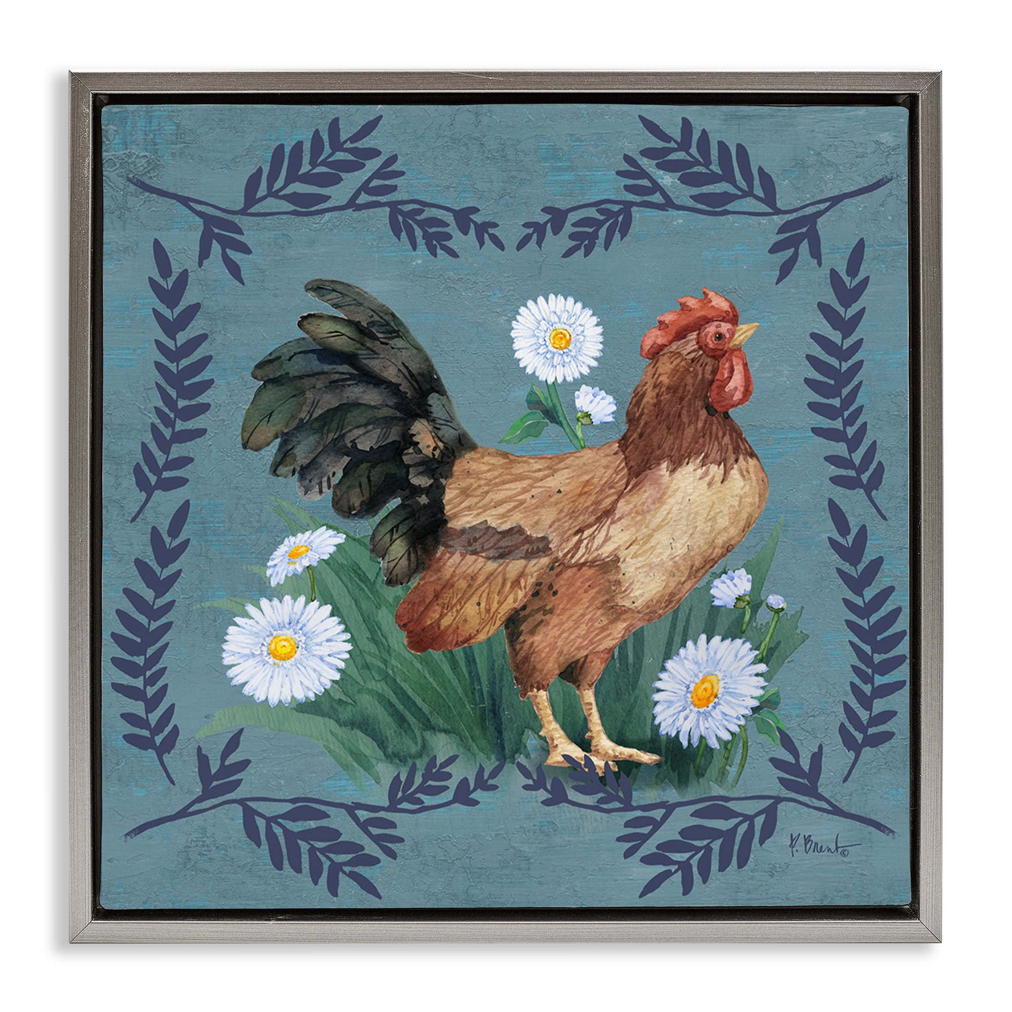 Stupell Industries Rooster & Daisies Animals & Insects Painting Gray Floater Framed Canvas Art Print Wall Art, 25 x 25