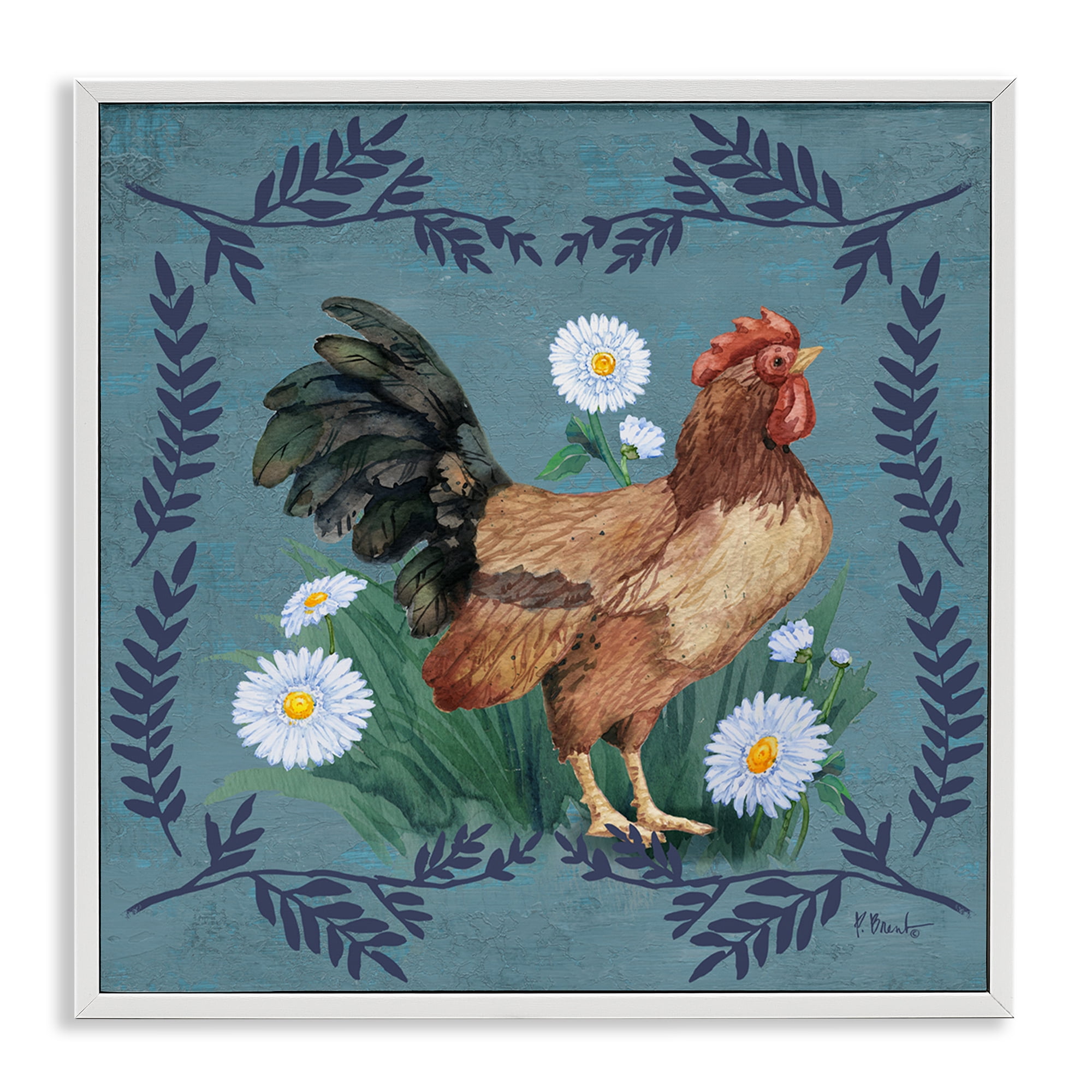 Stupell Industries Rooster & Daisies Animals & Insects Painting White Framed Art Print Wall Art, 17 x 17