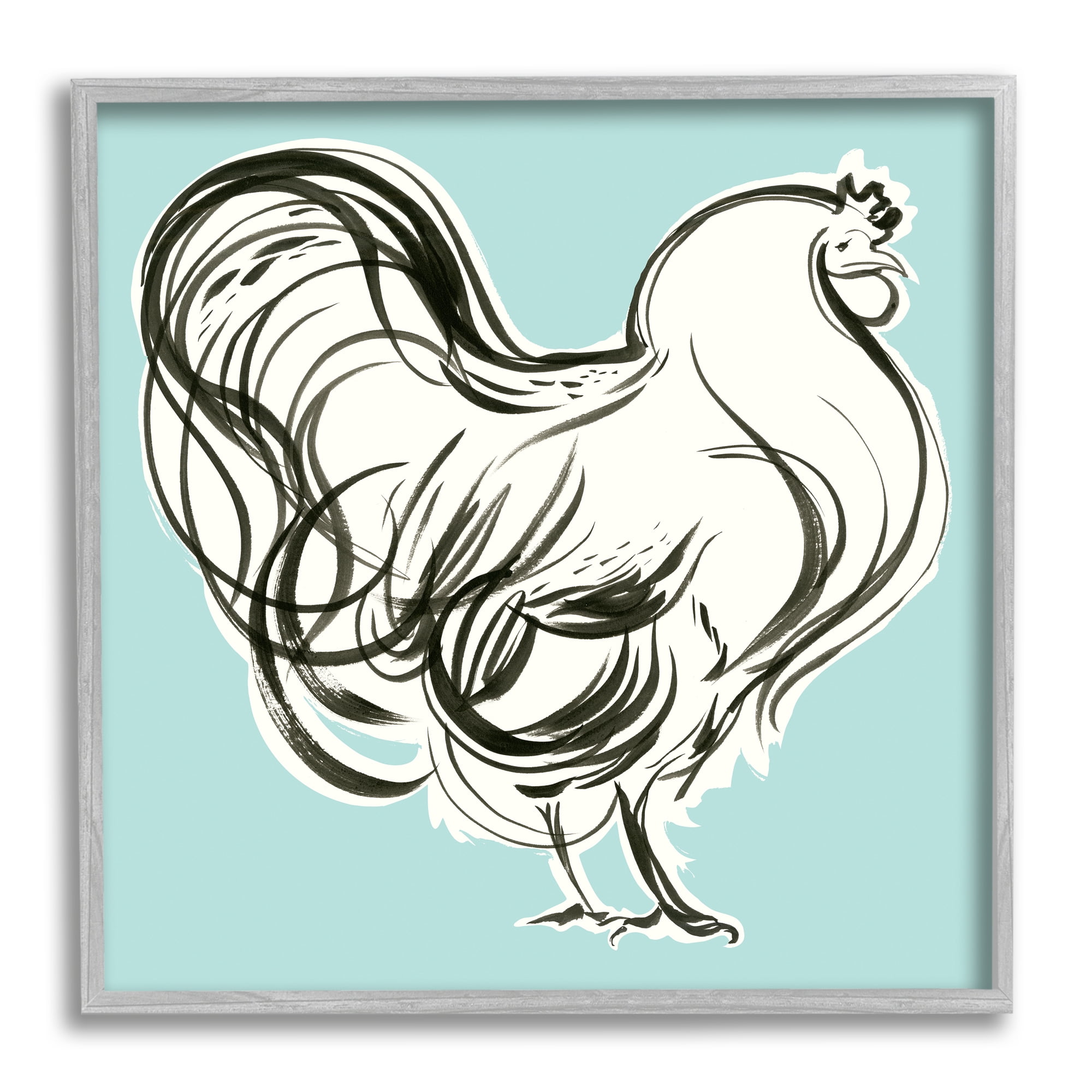 Stupell Industries Rooster Drawing on Blue Animals & Insects Painting Gray Framed Art Print Wall Art, 12 x 12