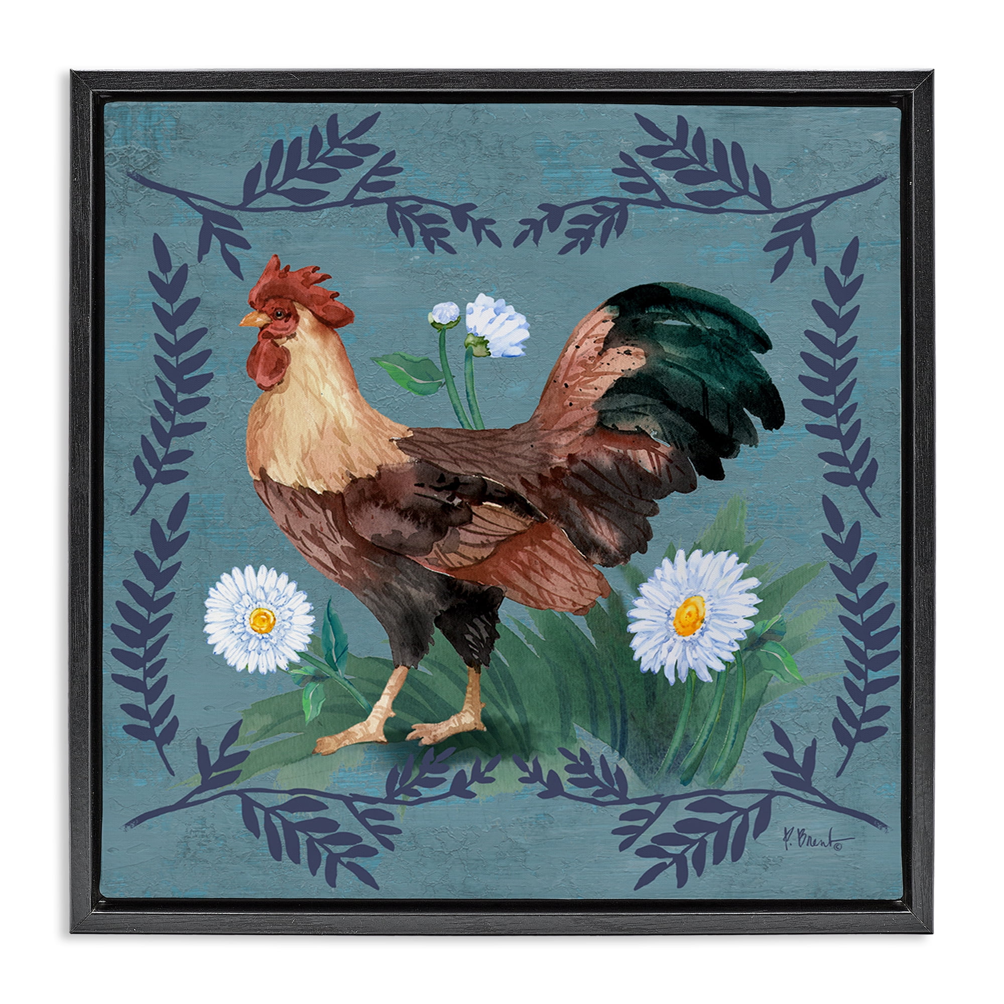 Stupell Industries Rooster & Fern Trim Animals & Insects Painting Black Floater Framed Canvas Art Print Wall Art, 25 x 25