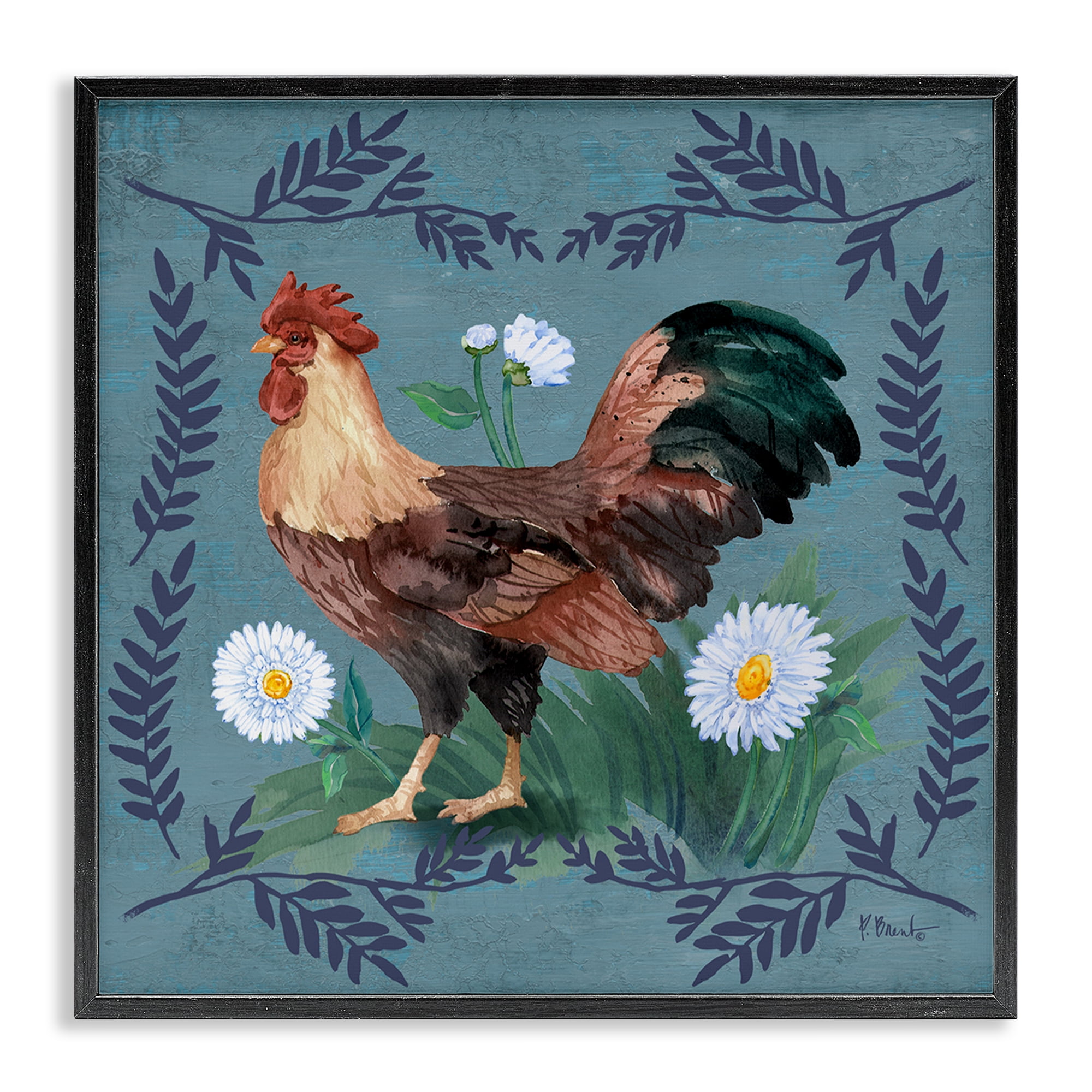 Stupell Industries Rooster & Fern Trim Animals & Insects Painting Black Framed Art Print Wall Art, 24 x 24