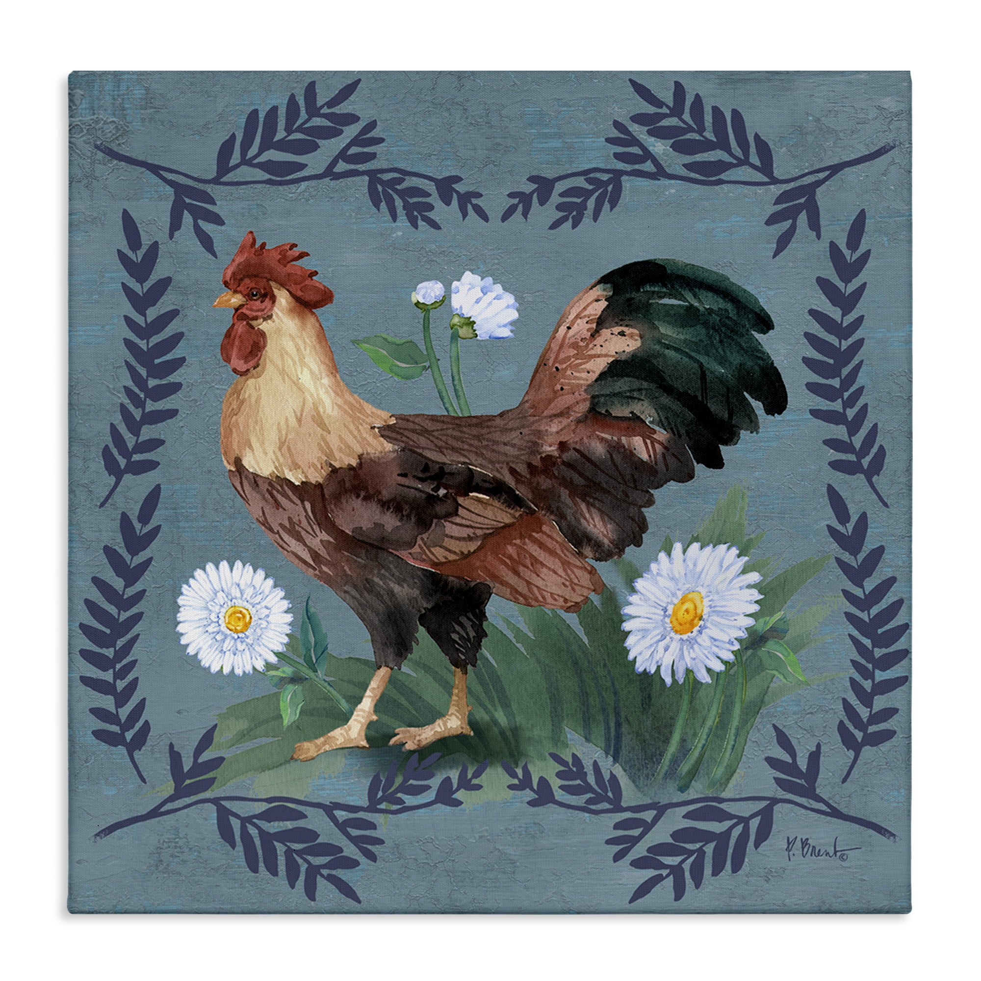 Stupell Industries Rooster & Fern Trim Animals & Insects Painting Gallery Wrapped Canvas Art Print Wall Art, 30 x 30