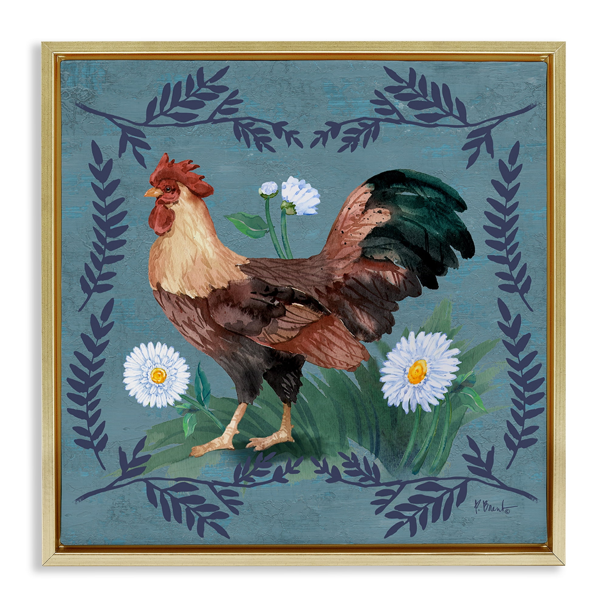 Stupell Industries Rooster & Fern Trim Animals & Insects Painting Gold Floater Framed Canvas Art Print Wall Art, 18 x 18