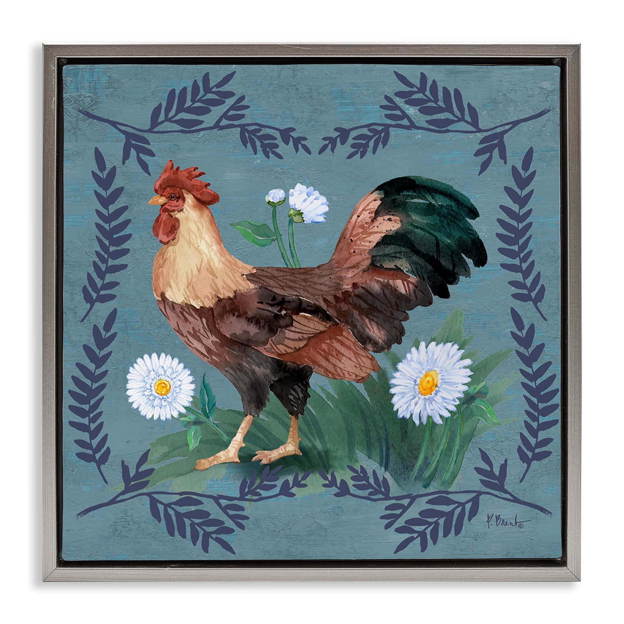 Stupell Industries Rooster & Fern Trim Animals & Insects Painting Gray Floater Framed Canvas Art Print Wall Art, 25 x 25