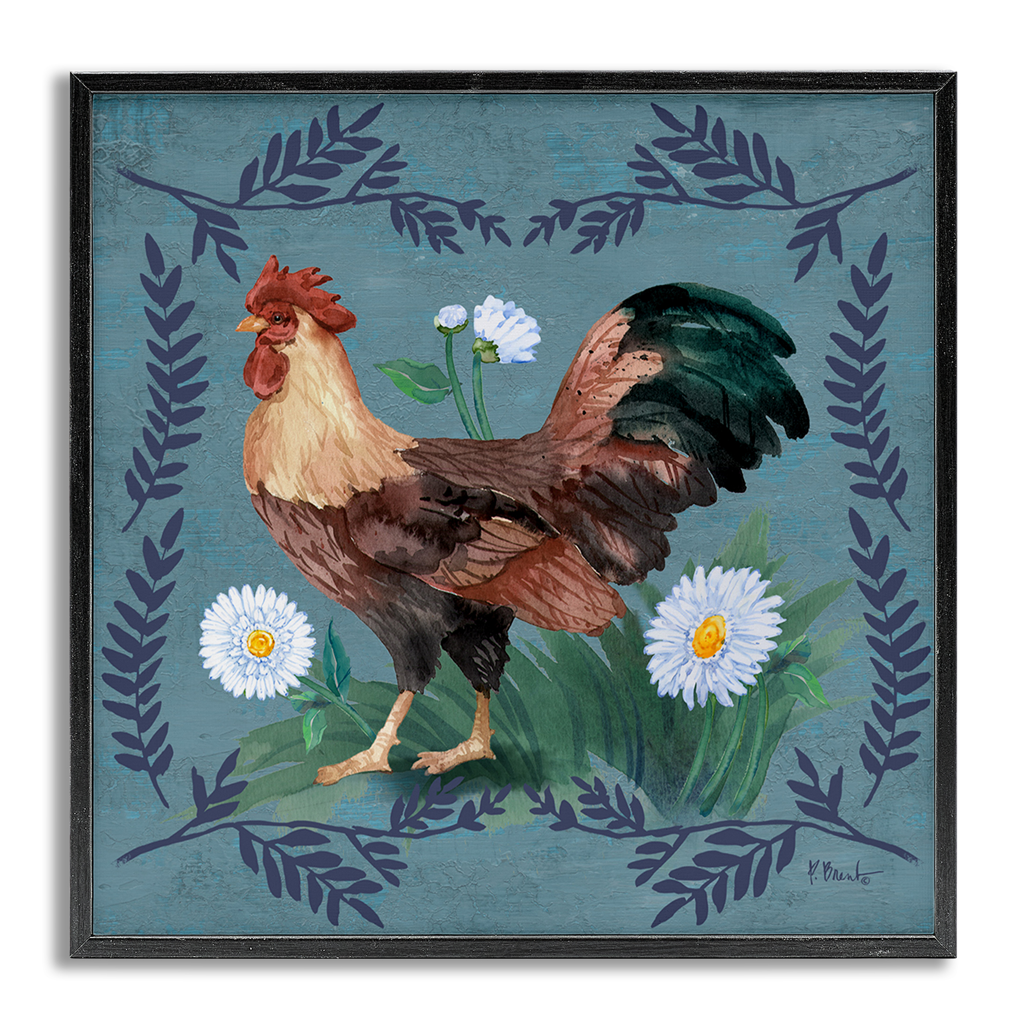 Stupell Industries Rooster & Fern Trim Animals & Insects Painting Gray Framed Art Print Wall Art, 12 x 12