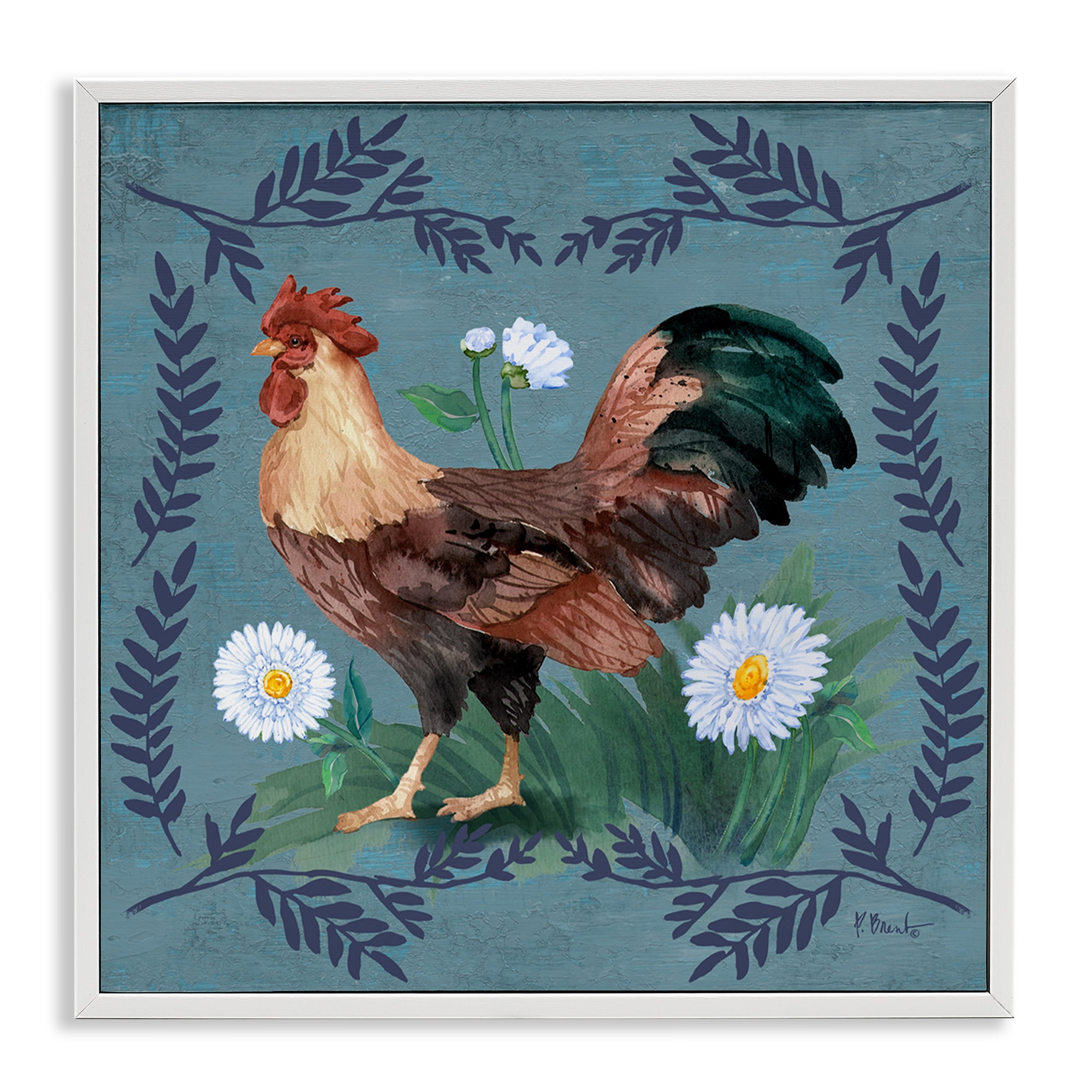 Stupell Industries Rooster & Fern Trim Animals & Insects Painting White ...