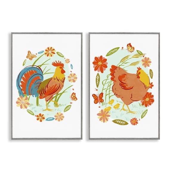 Stupell Industries Rooster & Hen with Florals Animals Painting Gray Framed Art Print Wall Art, 20 x 30, Set of 2