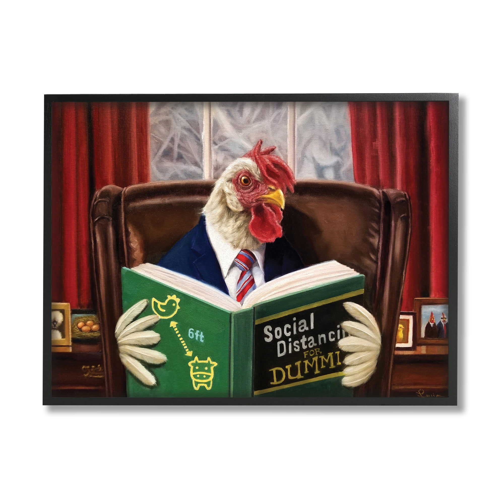 Stupell Industries Rooster Reading at Desk Social Distance Dummies Animals & Insects Painting Black Framed Art Print Wall Art, 24 x 30
