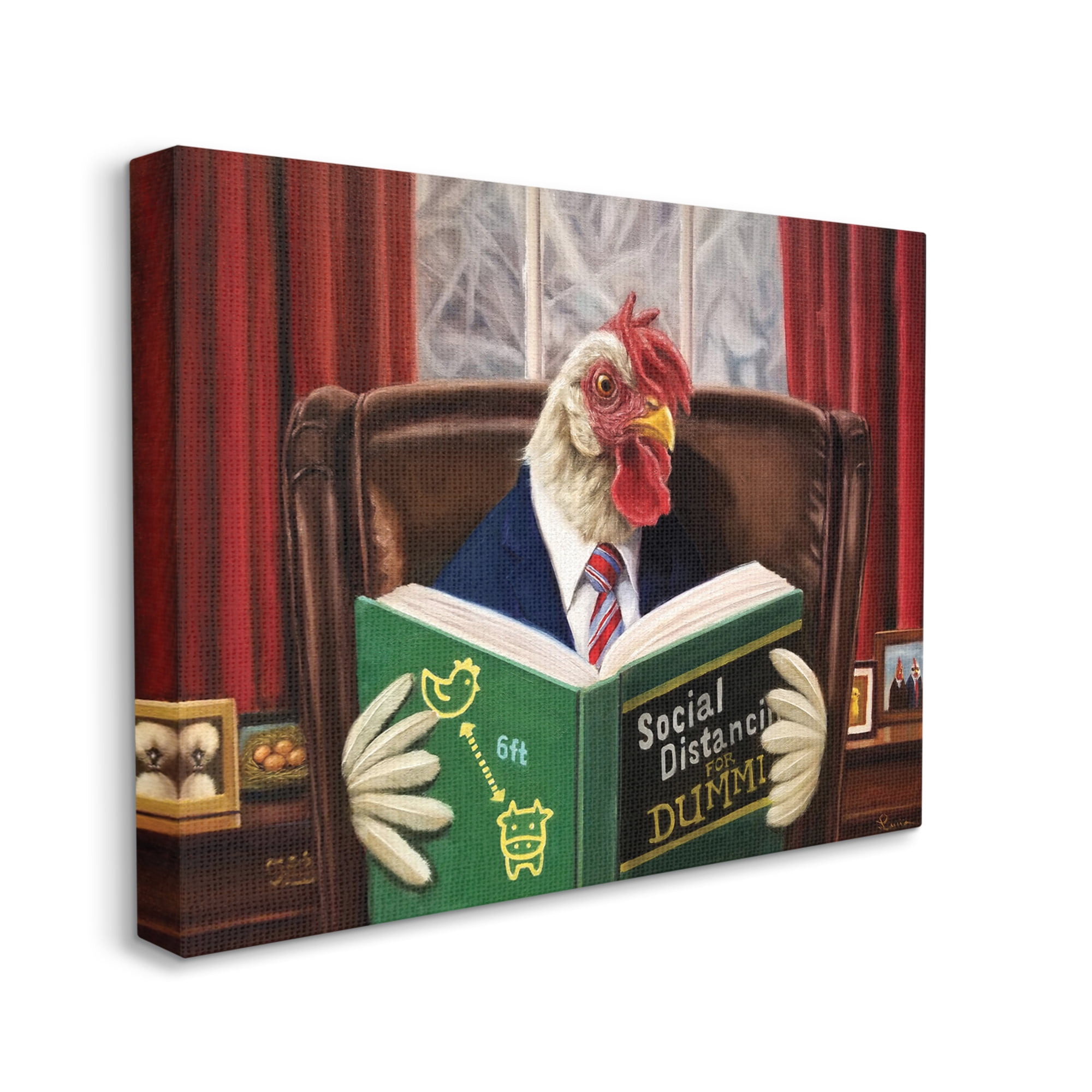 Stupell Industries Rooster Reading at Desk Social Distance Dummies Animals & Insects Painting Gallery Wrapped Canvas Art Print Wall Art, 24 x 30