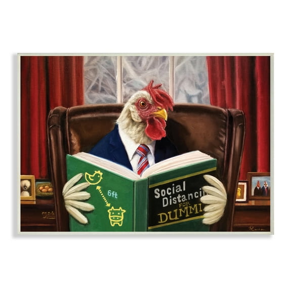 Stupell Industries Rooster Reading at Desk Social Distance Dummies Animals & Insects Painting Unframed Art Print Wall Art, 10 x 15