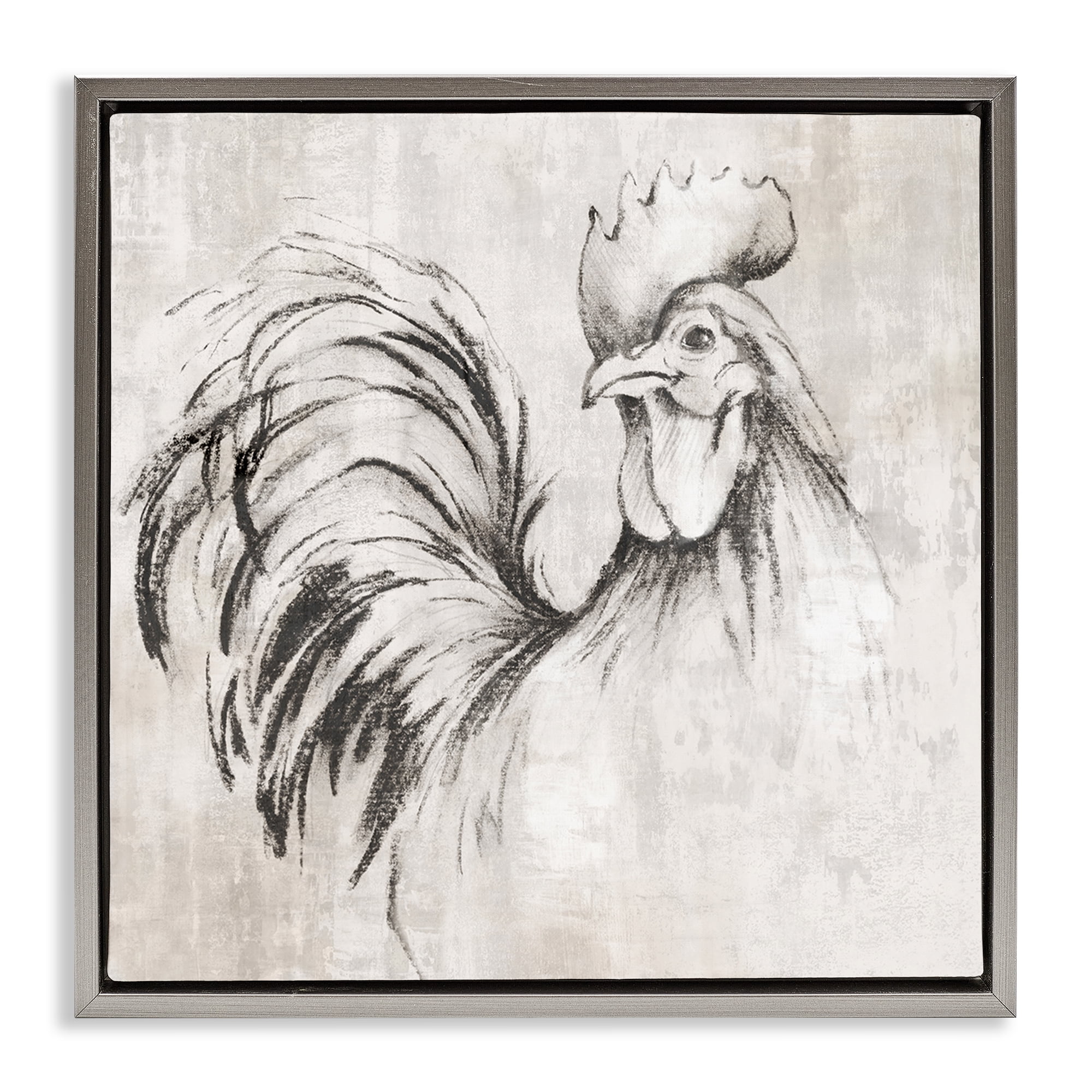 Stupell Industries Rooster Sketch Impression Animals Drawing Gray Floater Framed Canvas Art Print Wall Art, 18 x 18