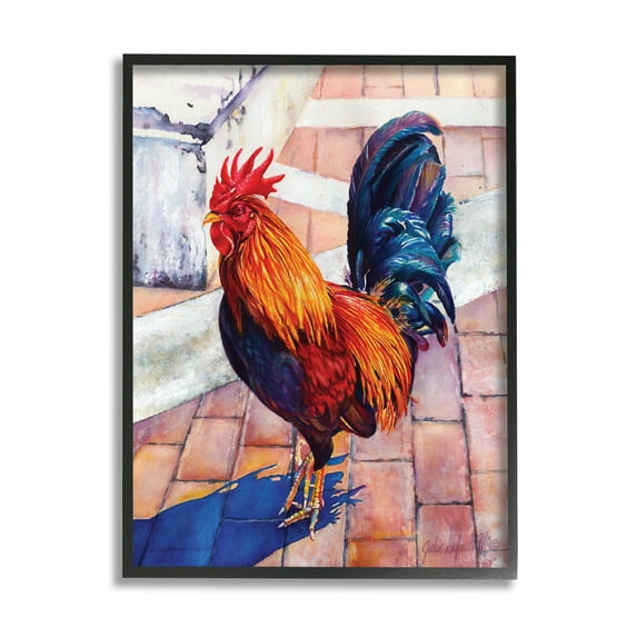 Stupell Industries Rooster Standing on Bricks Animals & Insects Painting Black Framed Art Print Wall Art, 16 x 20