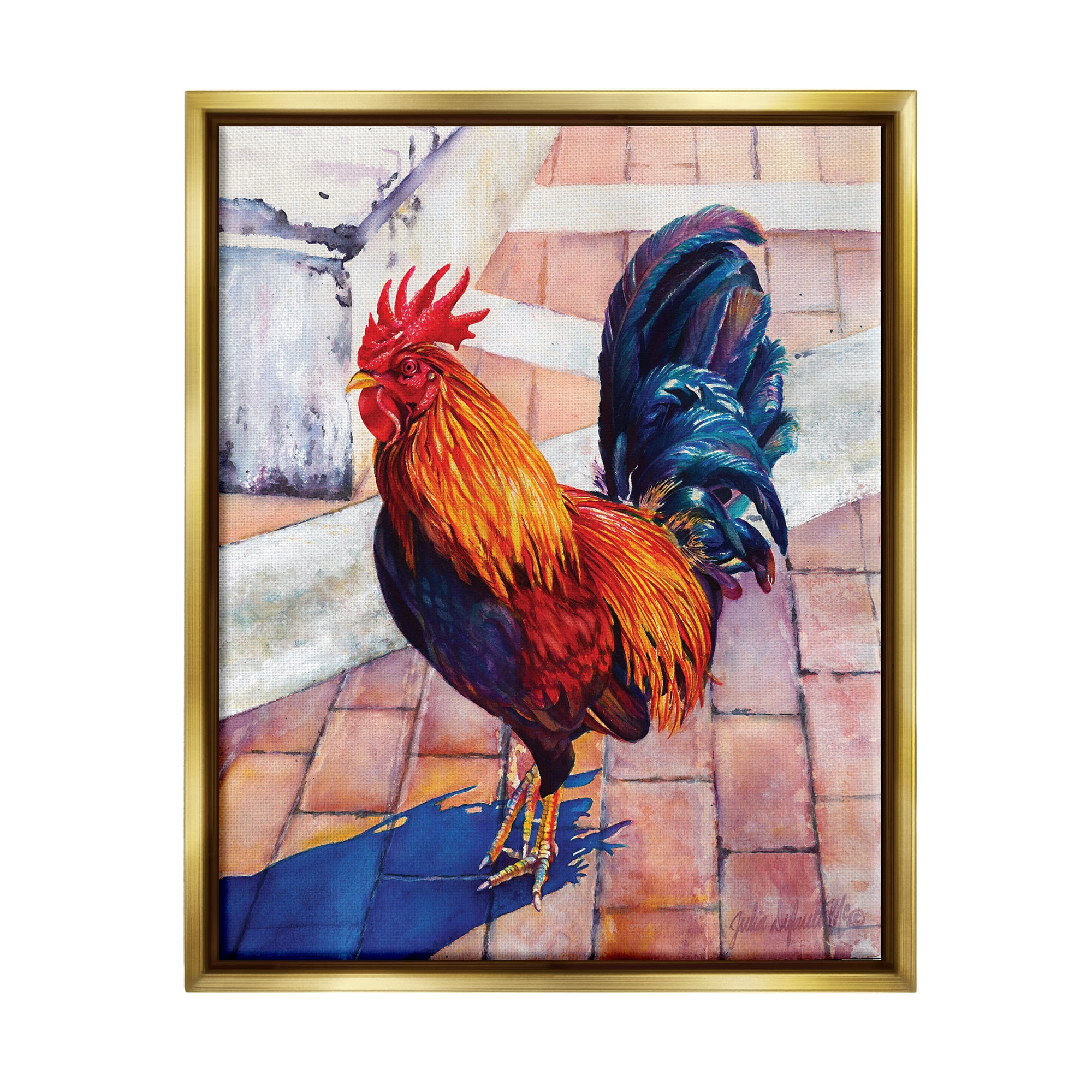 Stupell Industries Rooster Standing on Bricks Animals & Insects Painting Gold Floater Framed Art Print Wall Art, 25 x 31
