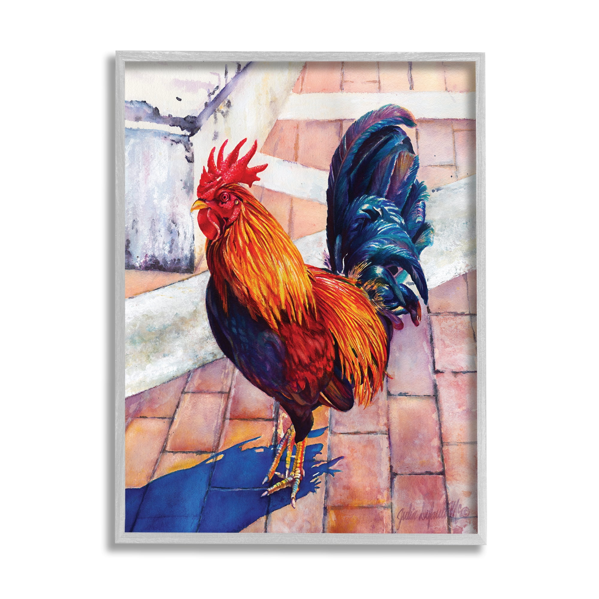 Stupell Industries Rooster Standing on Bricks Animals & Insects Painting Gray Framed Art Print Wall Art, 16 x 20