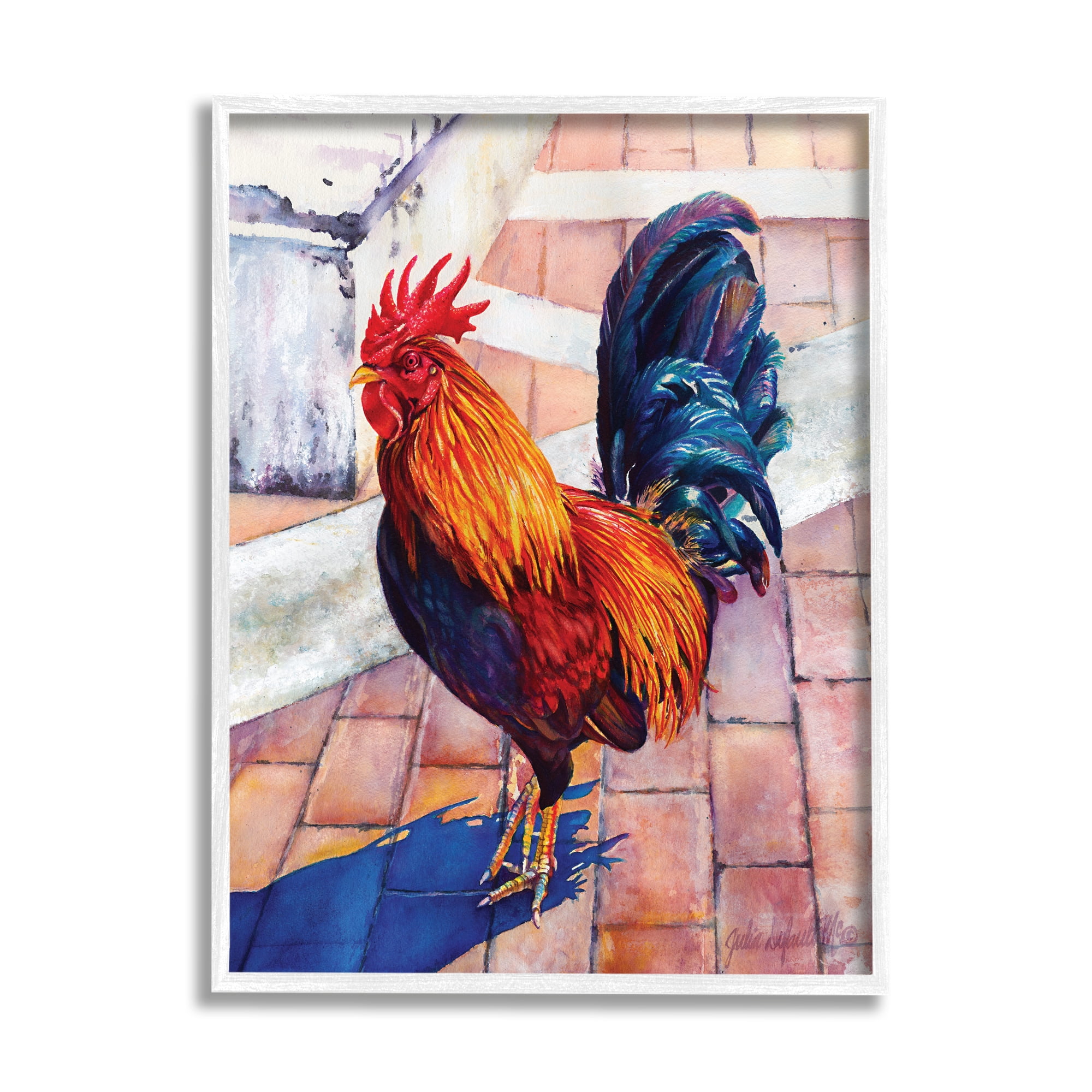 Stupell Industries Rooster Standing on Bricks Animals & Insects Painting White Framed Art Print Wall Art, 24 x 30