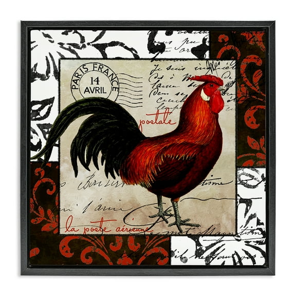 Stupell Industries Rooster & Vintage Post Animals Painting Black Floater Framed Canvas Art Print Wall Art, 18 x 18