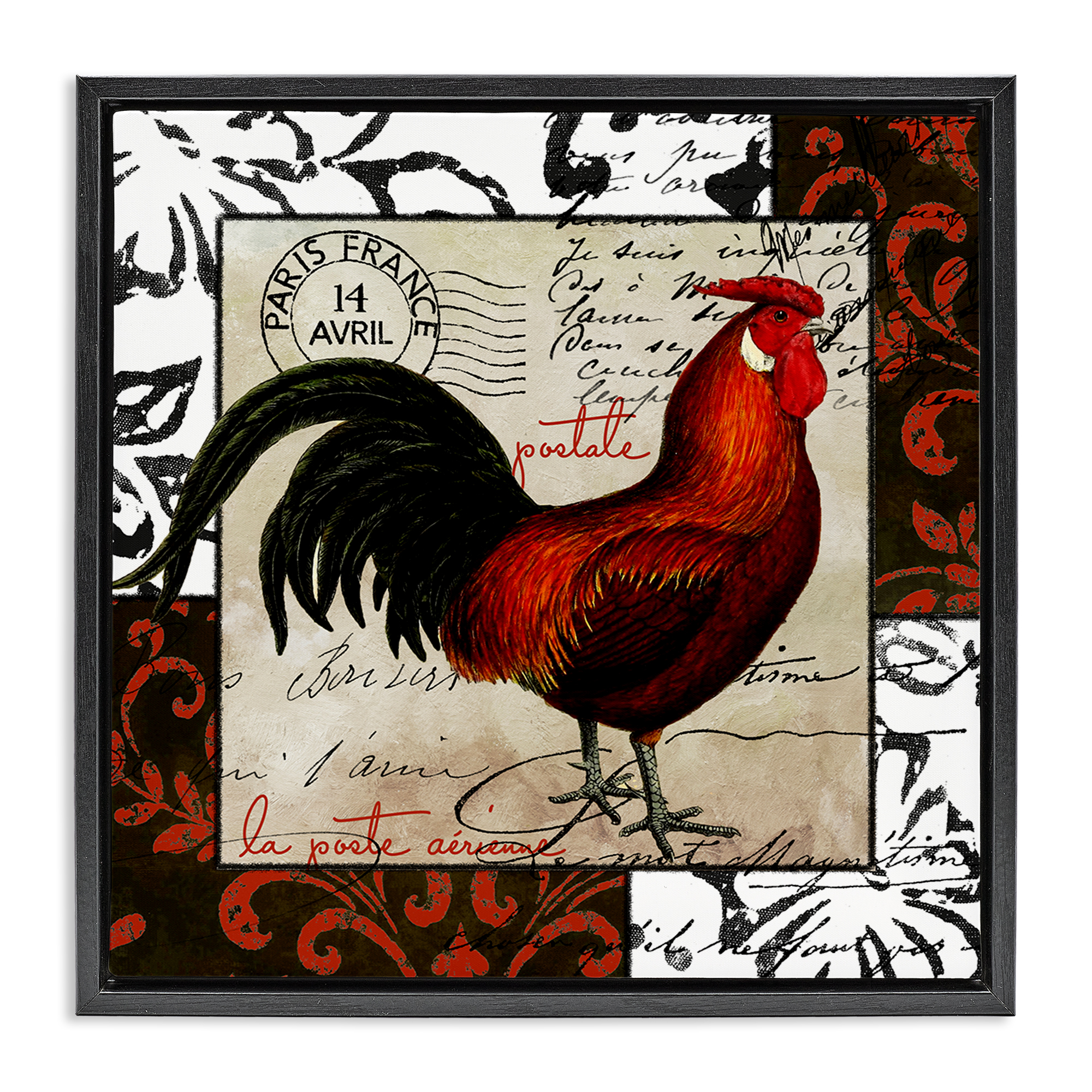 Stupell Industries Rooster & Vintage Post Animals Painting Black Floater Framed Canvas Art Print Wall Art, 25 x 25