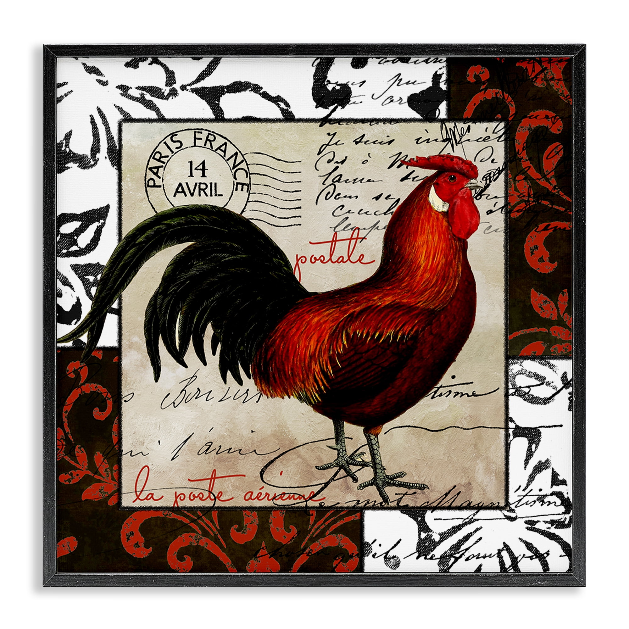 Stupell Industries Rooster & Vintage Post Animals Painting Black Framed Art Print Wall Art, 24 x 24