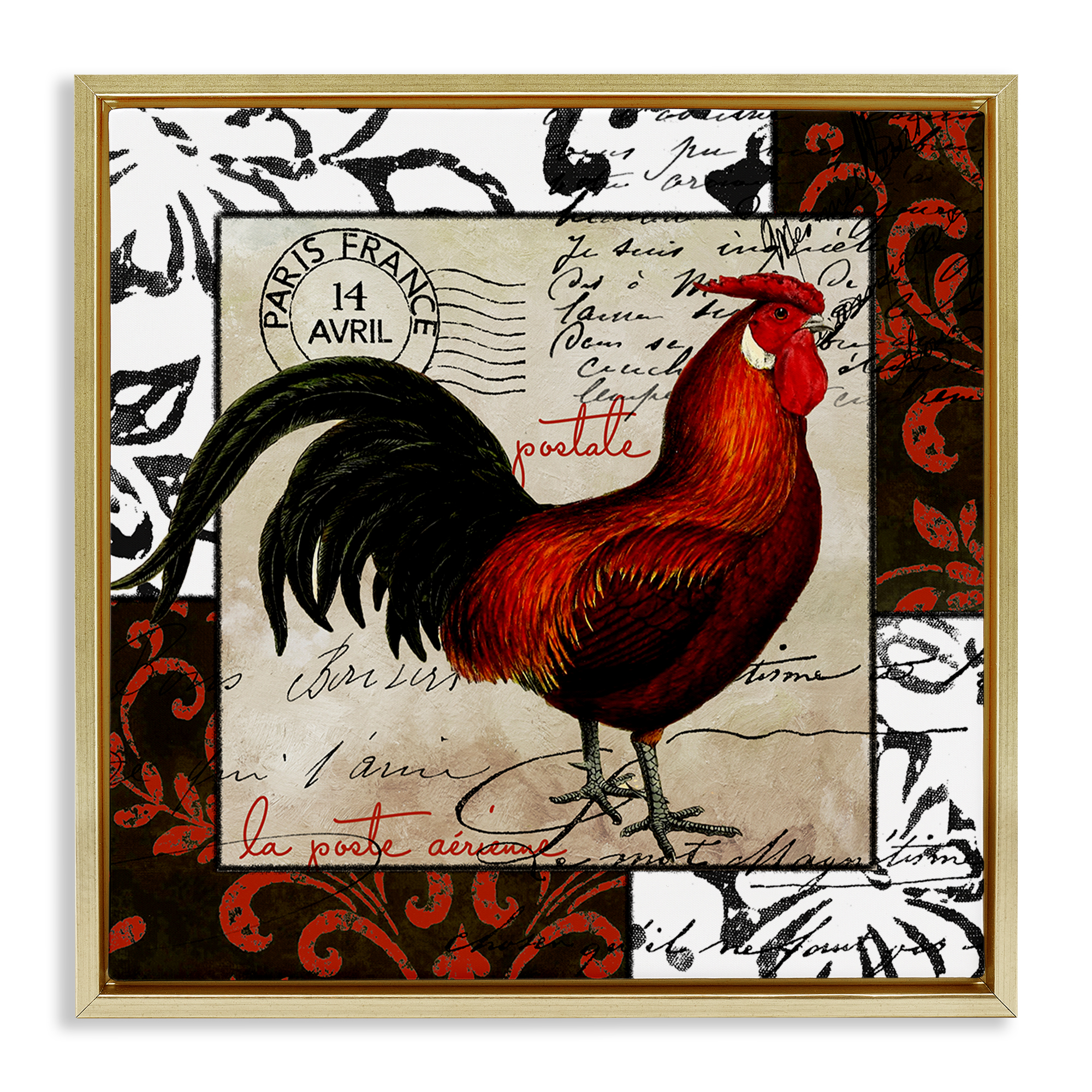 Stupell Industries Rooster & Vintage Post Animals Painting Gold Floater Framed Canvas Art Print Wall Art, 25 x 25