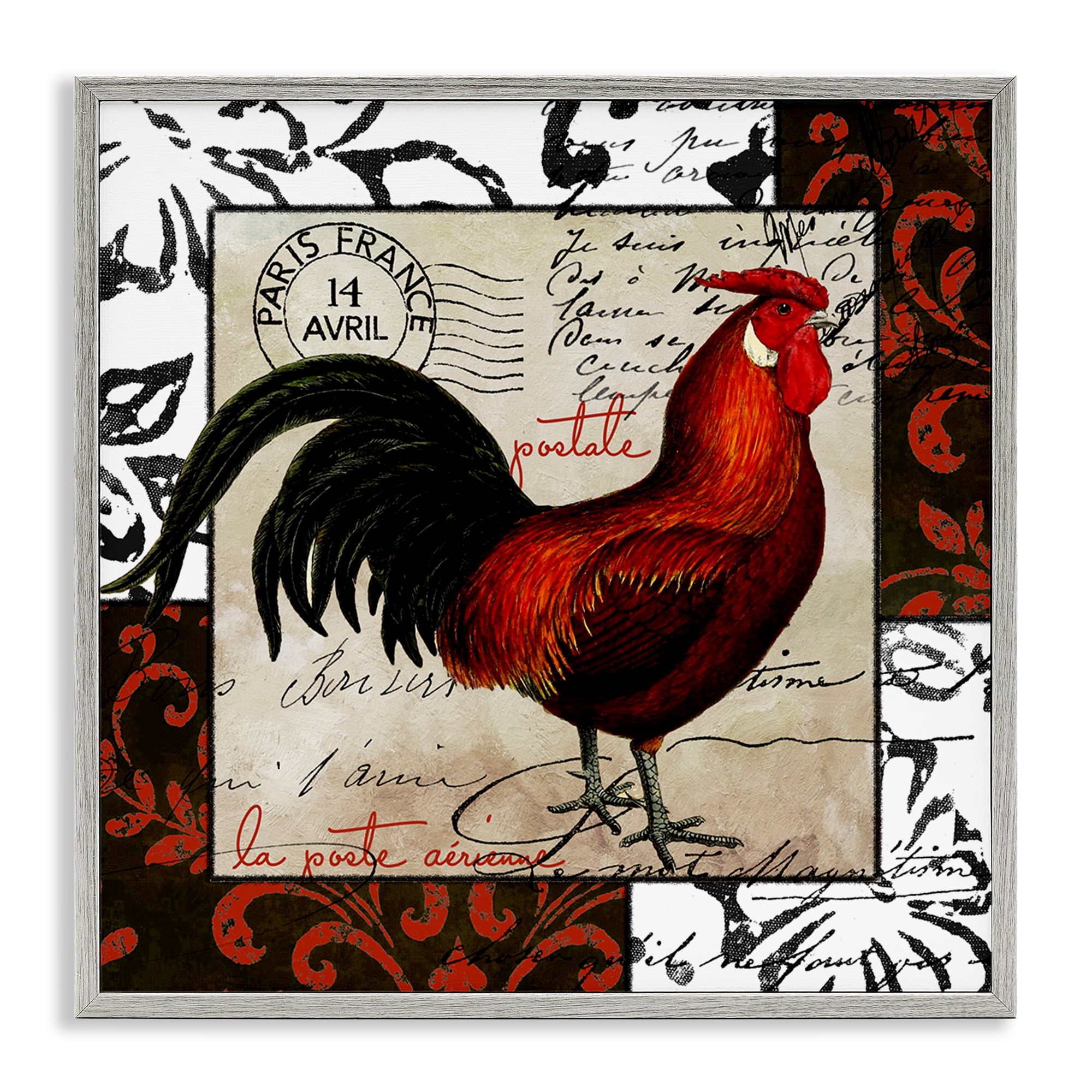 Stupell Industries Rooster & Vintage Post Animals Painting Gray Framed Art Print Wall Art, 17 x 17