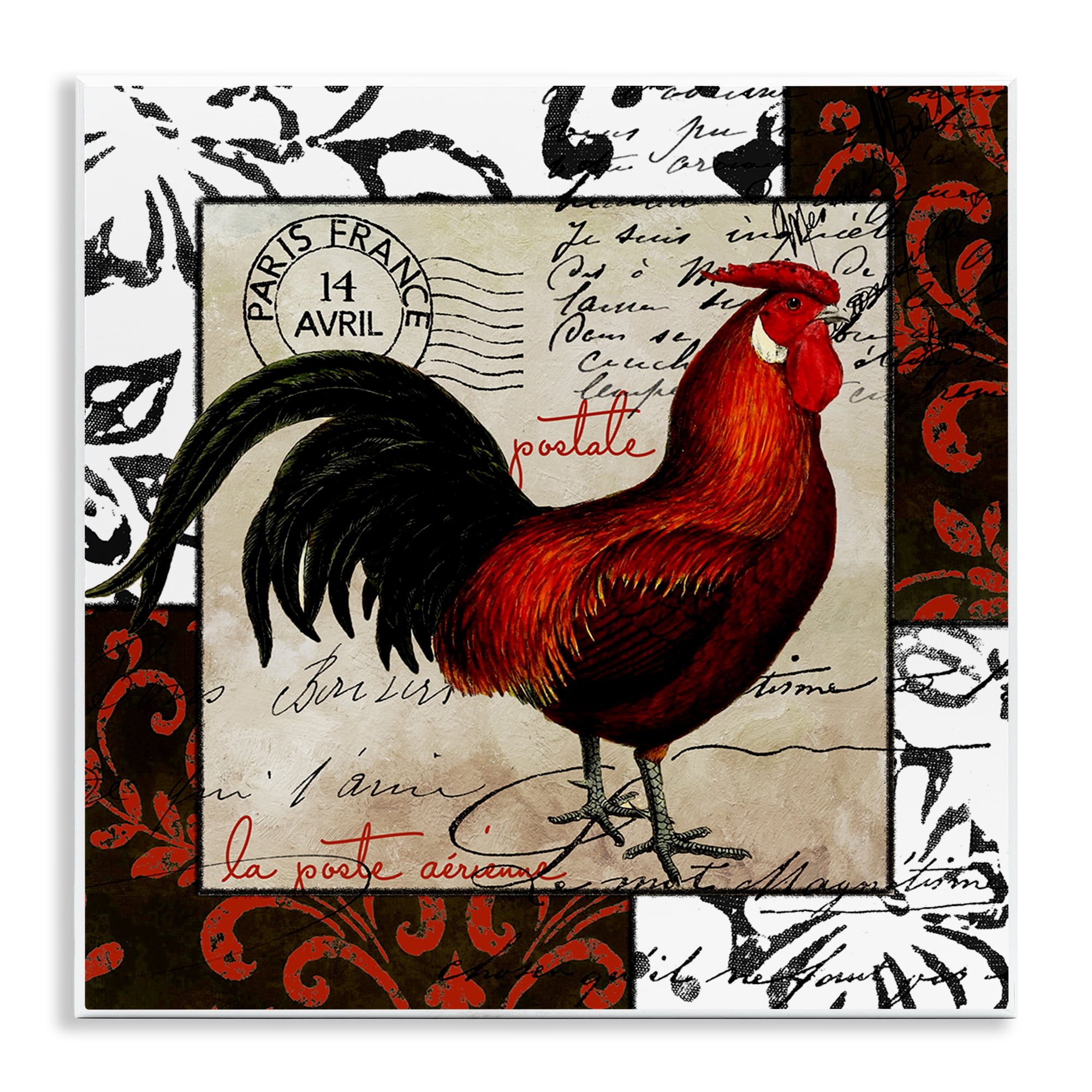 Stupell Industries Rooster & Vintage Post Animals Painting Unframed Art Print Wall Art, 12 x 12