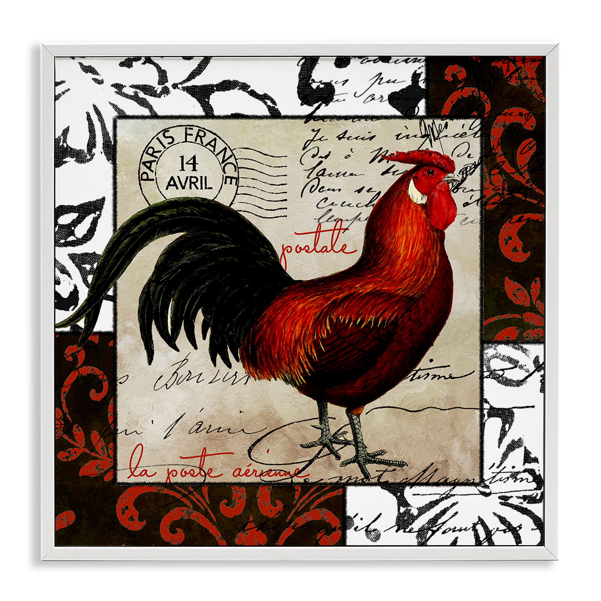 Stupell Industries Rooster & Vintage Post Animals Painting White Framed Art Print Wall Art, 24 x 24