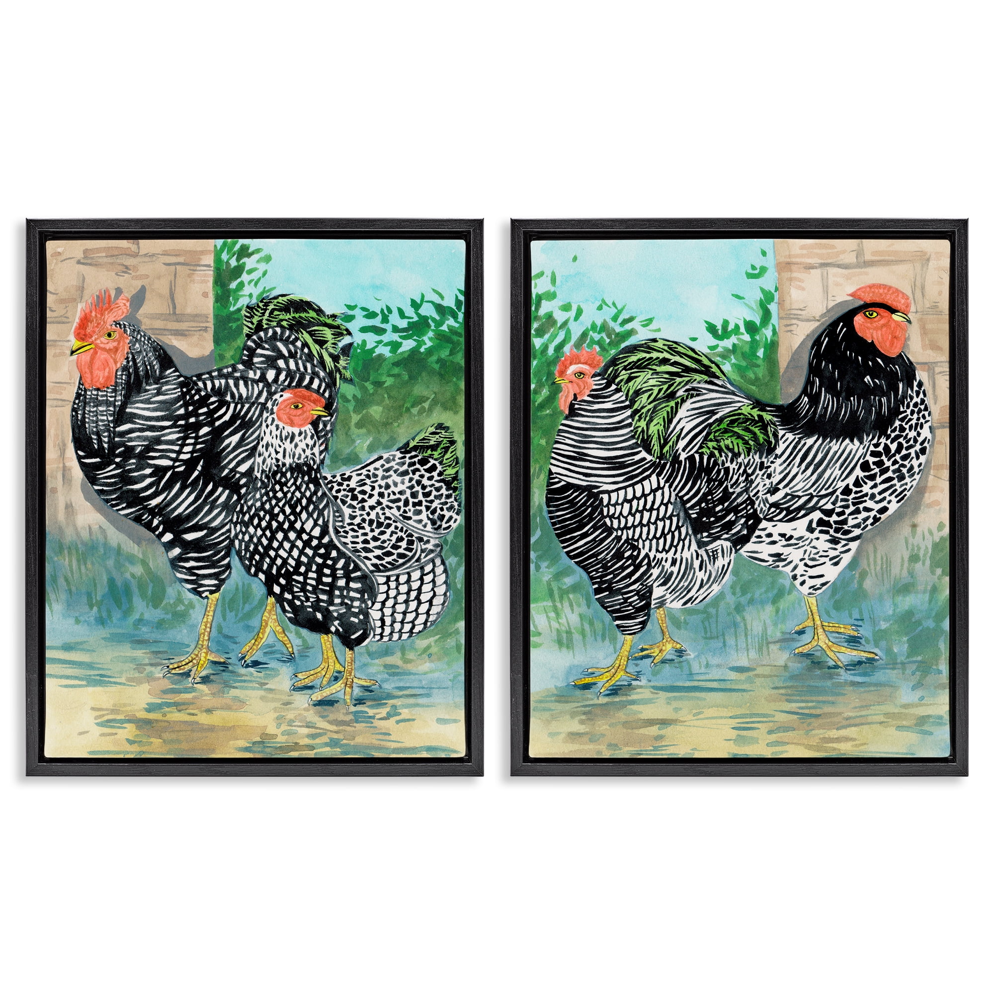 Stupell Industries Rooster and Hen Foraging Animals Painting Black Floater Framed Canvas Art Print Wall Art, 17 x 21, Set of 2