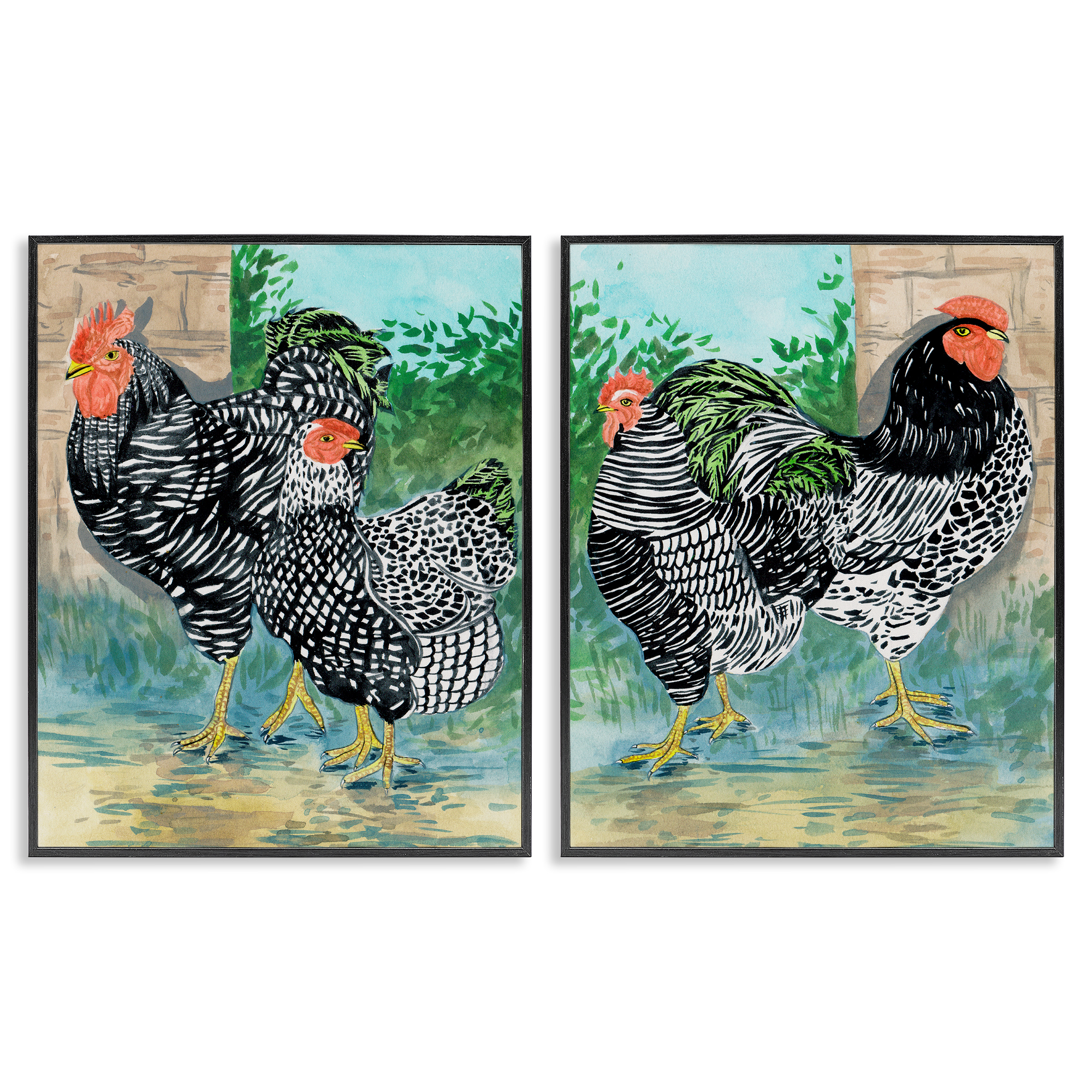 Stupell Industries Rooster and Hen Foraging Animals Painting Black Framed Art Print Wall Art, 11 x 14, Set of 2