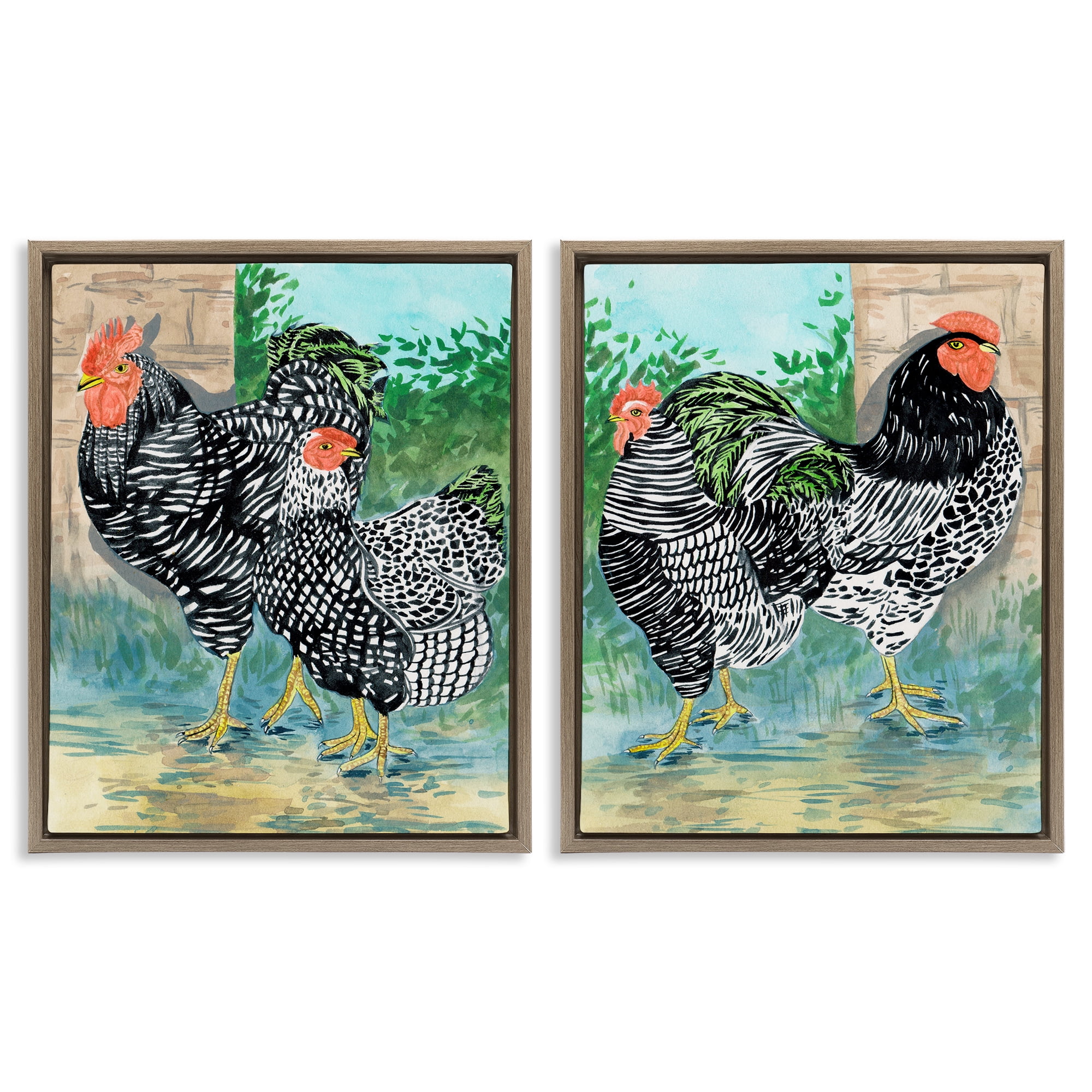 Stupell Industries Rooster and Hen Foraging Animals Painting Brown Floater Framed Canvas Art Print Wall Art, 17 x 21, Set of 2