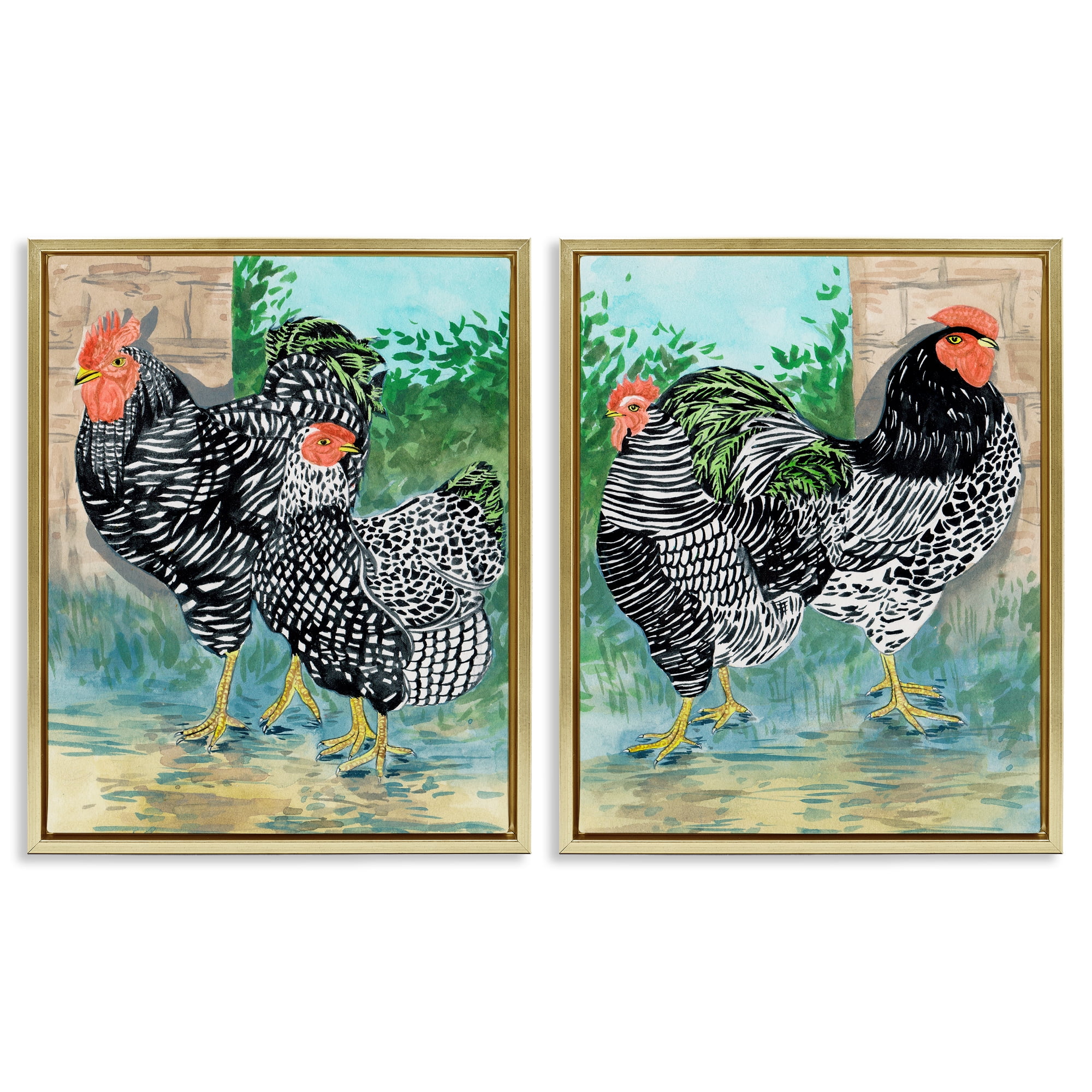 Stupell Industries Rooster and Hen Foraging Animals Painting Gold Floater Framed Canvas Art Print Wall Art, 17 x 21, Set of 2