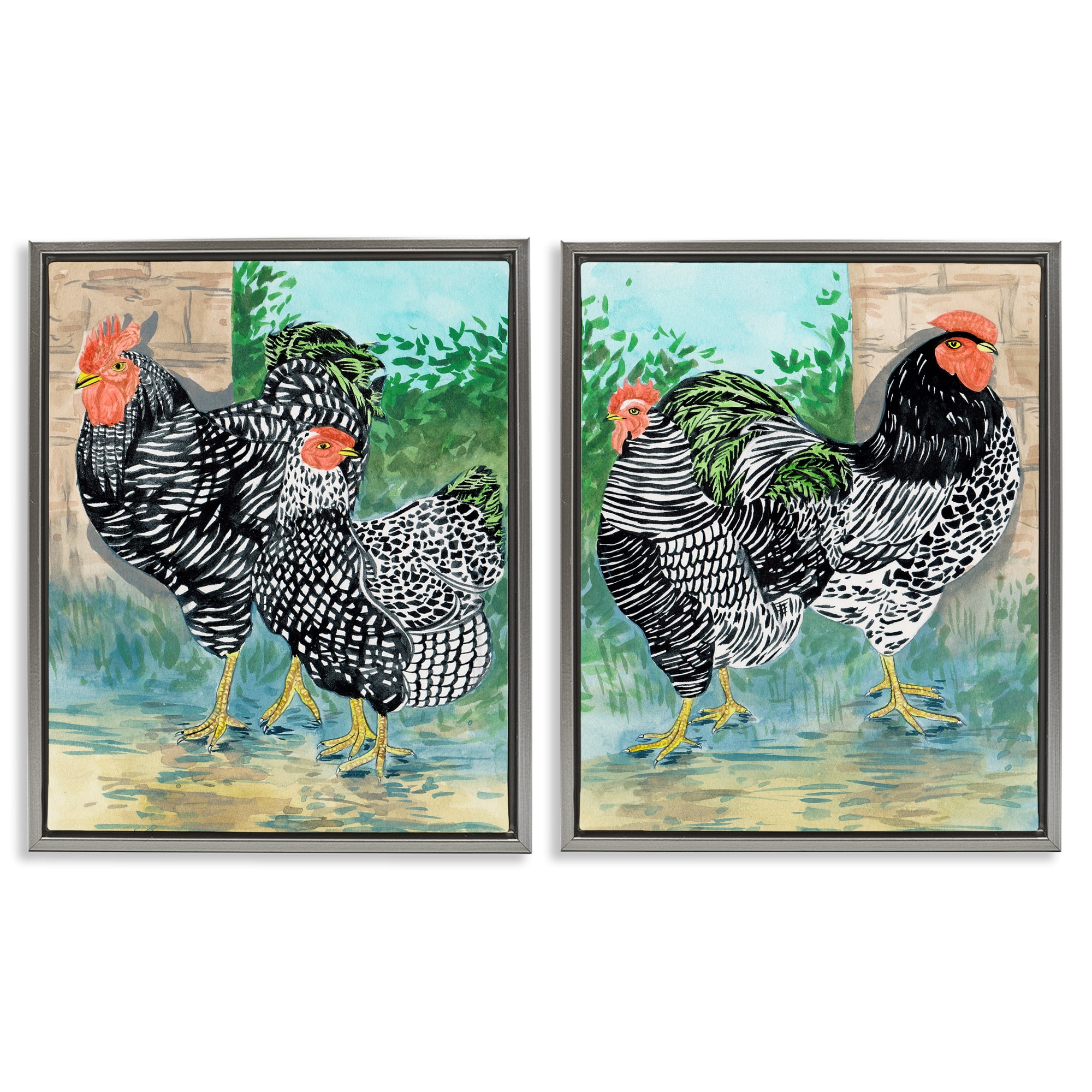 Stupell Industries Rooster and Hen Foraging Animals Painting Gray Floater Framed Canvas Art Print Wall Art, 31 x 25, Set of 2