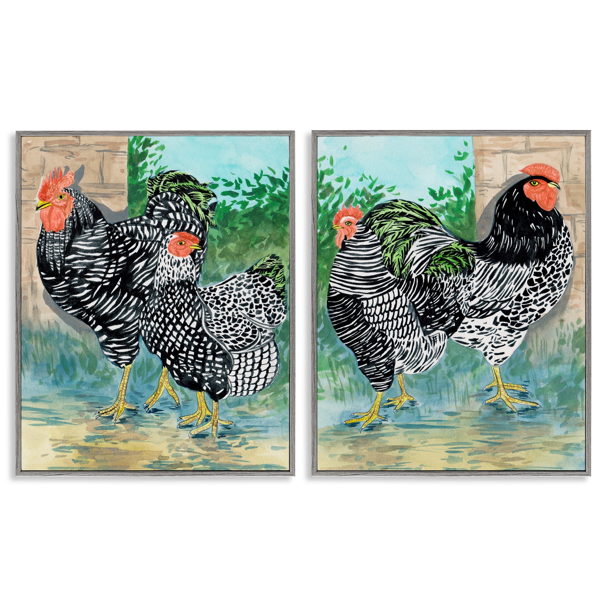 Stupell Industries Rooster and Hen Foraging Animals Painting Gray Framed Art Print Wall Art, 16 x 20, Set of 2