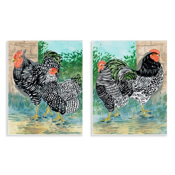 Stupell Industries Rooster and Hen Foraging Animals Painting Unframed Art Print Wall Art, 11 x 14, Set of 2