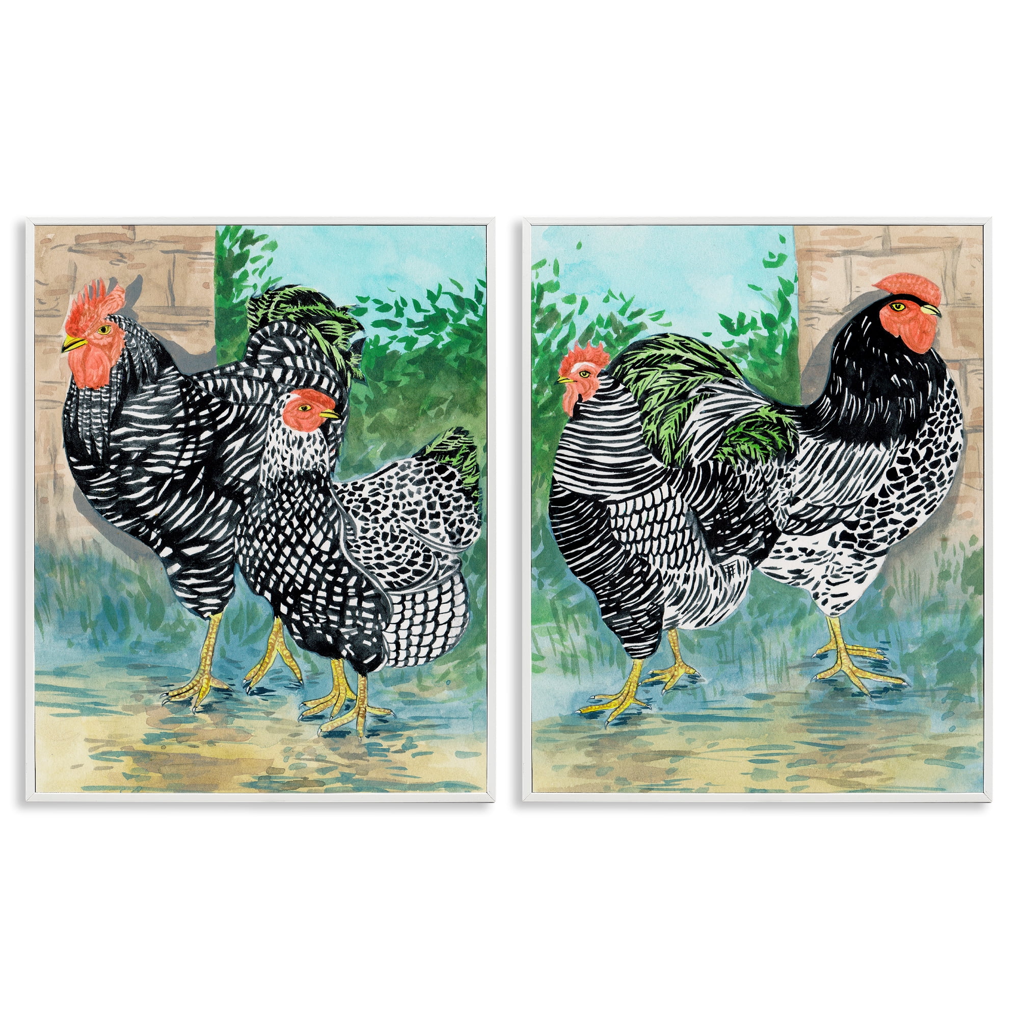 Stupell Industries Rooster and Hen Foraging Animals Painting White Framed Art Print Wall Art, 16 x 20, Set of 2