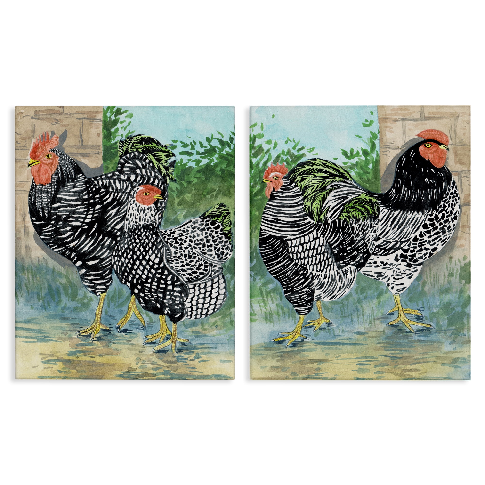 Stupell Industries Rooster and Hen Foraging Animals Painting Wrapped Canvas Art Print Wall Art, 16 x 20, Set of 2