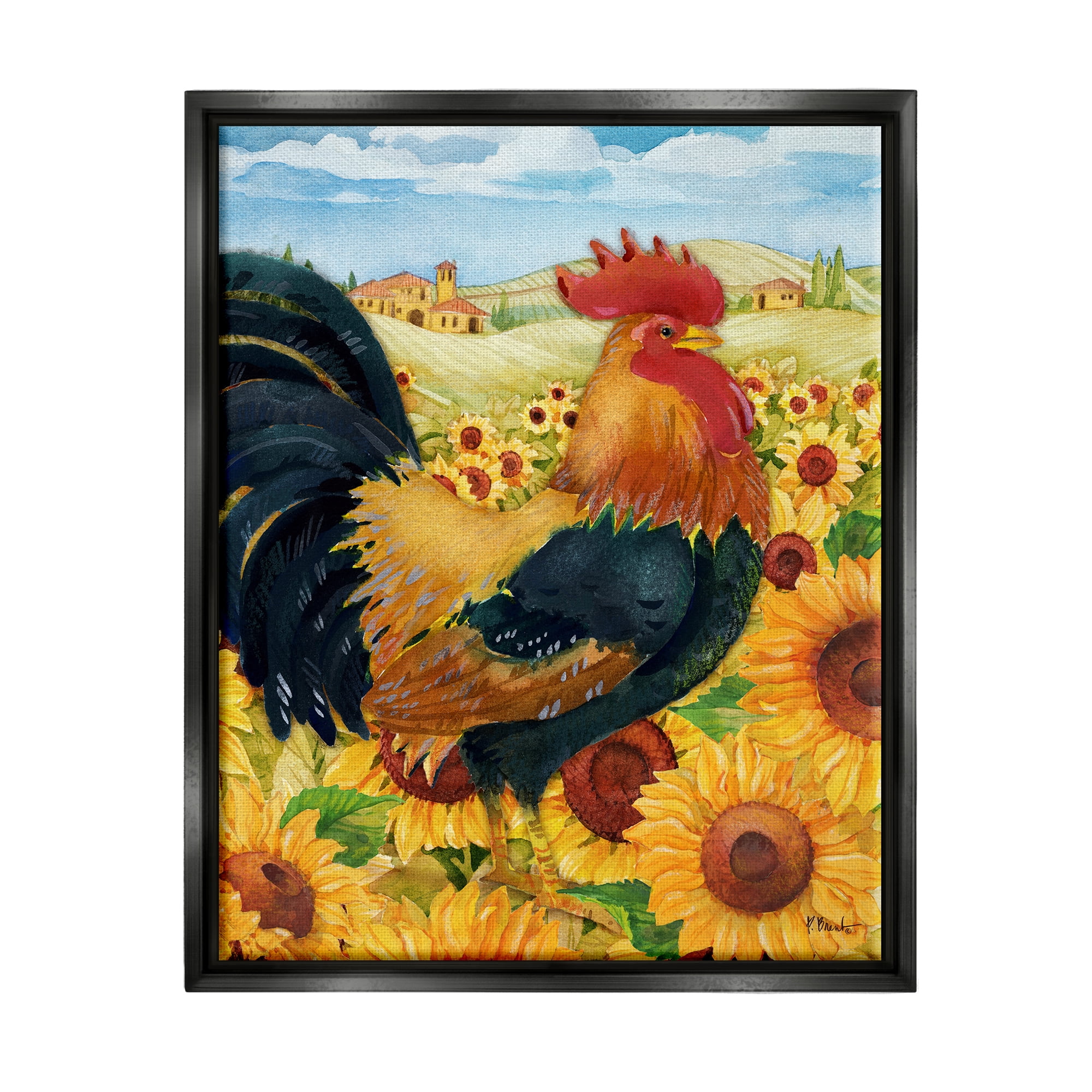 Stupell Industries Rooster in Sunflower Fields Animals & Insects Painting Black Floater Framed Art Print Wall Art, 25 x 31