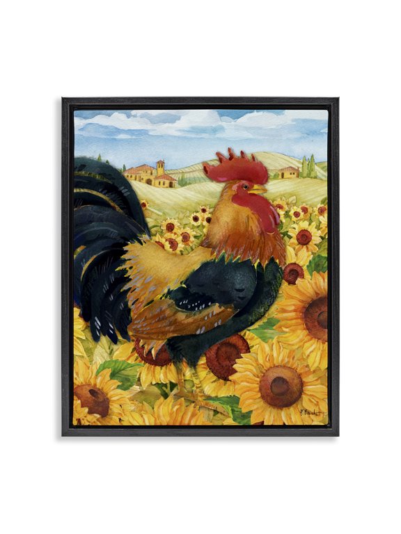 Industries French Country Rooster in Sunflower Fields Black Floating Frame Canvas Art, 25 x 31, by Paul Brent
