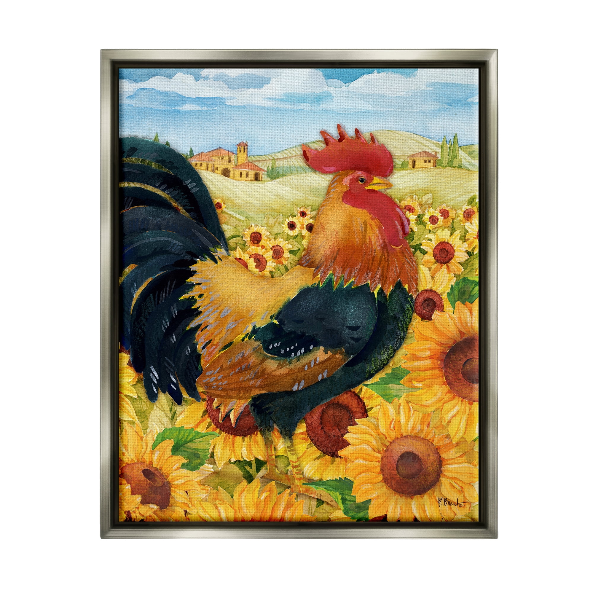 Stupell Industries Rooster in Sunflower Fields Animals & Insects Painting Gray Floater Framed Art Print Wall Art, 25 x 31