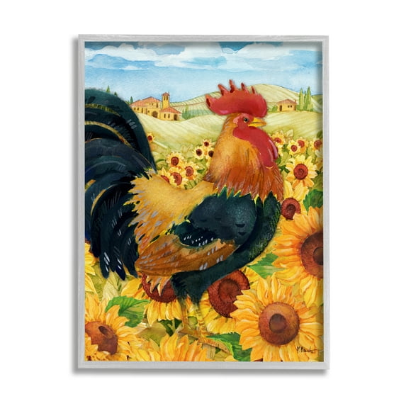 Stupell Industries Rooster in Sunflower Fields Animals & Insects Painting Gray Framed Art Print Wall Art, 16 x 20
