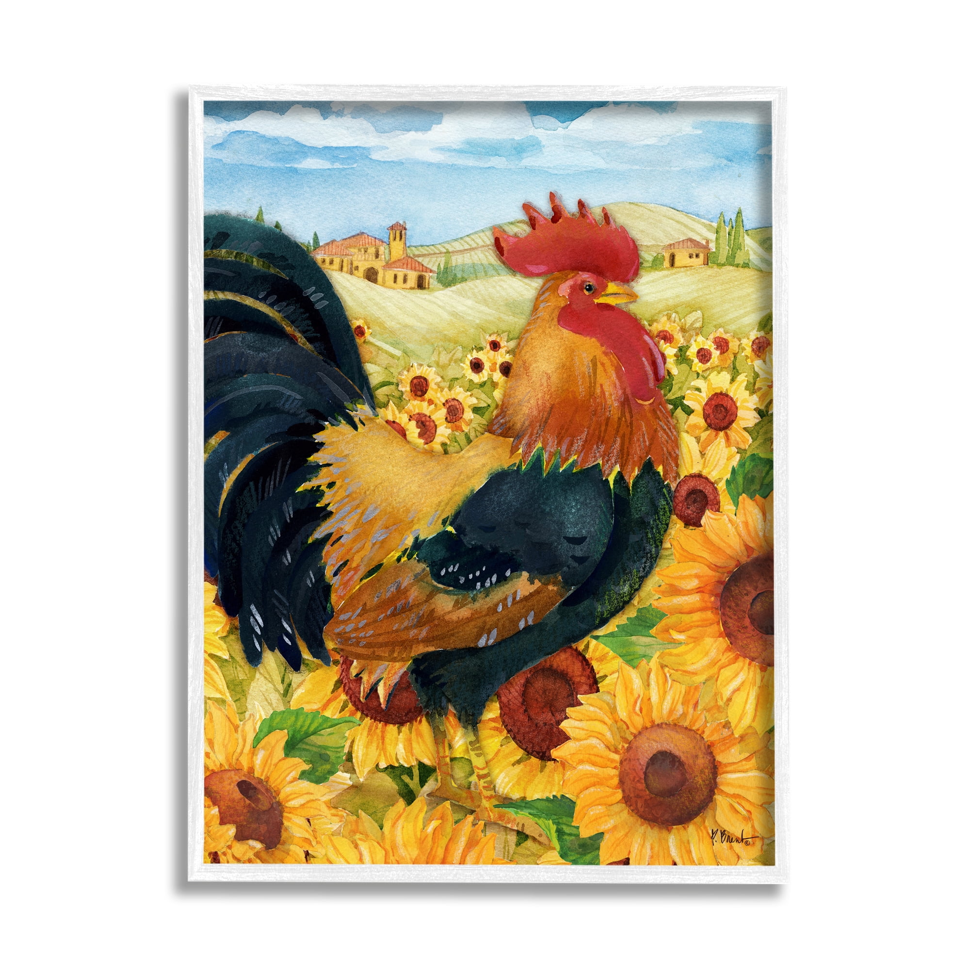 Stupell Industries Rooster in Sunflower Fields Animals & Insects Painting White Framed Art Print Wall Art, 11 x 14