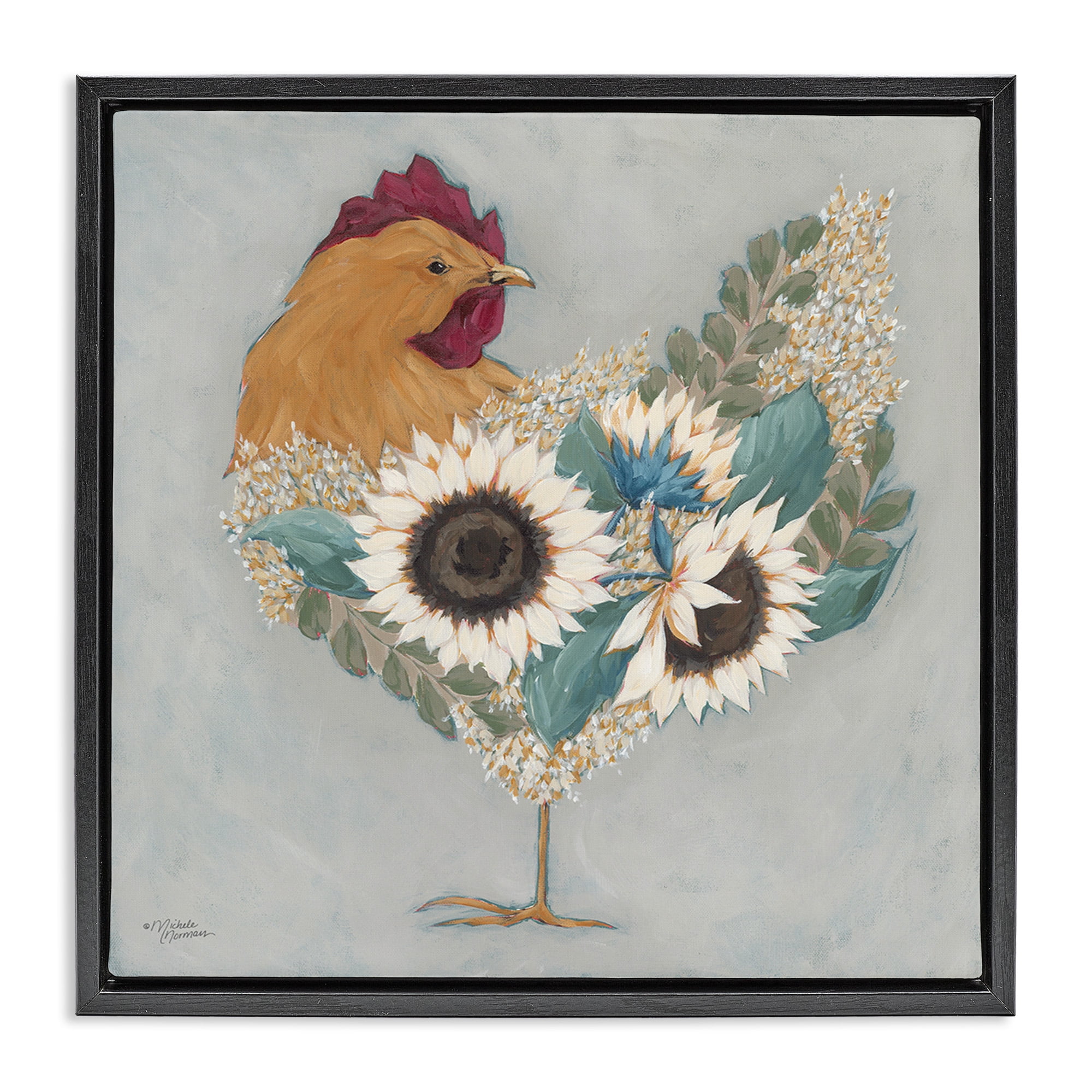 Stupell Industries Rooster with Layered Floral Blossoms Animals & Insects Painting Black Floater Framed Canvas Art Print Wall Art, 18 x 18