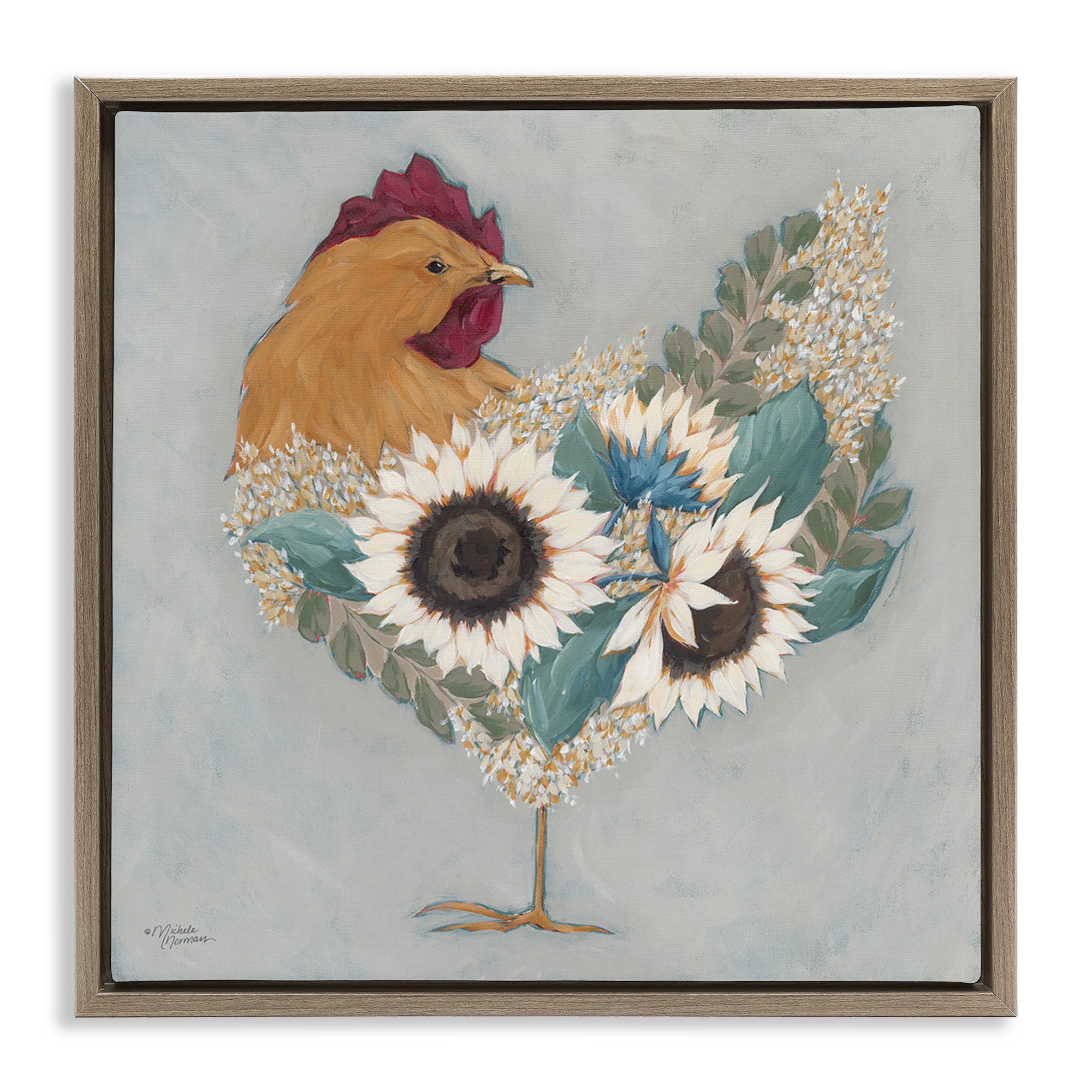 Stupell Industries Rooster with Layered Floral Blossoms Animals & Insects Painting Brown Floater Framed Canvas Art Print Wall Art, 18 x 18