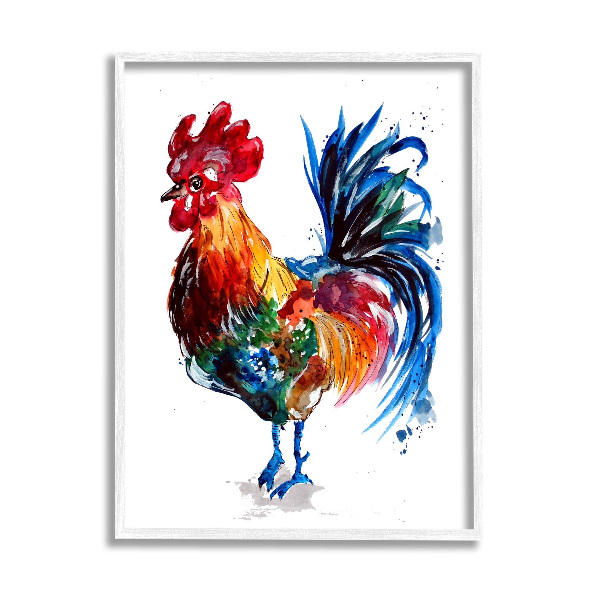 Stupell Industries Rooster with Modern Splash Animals & Insects Painting White Framed Art Print Wall Art, 16 x 20