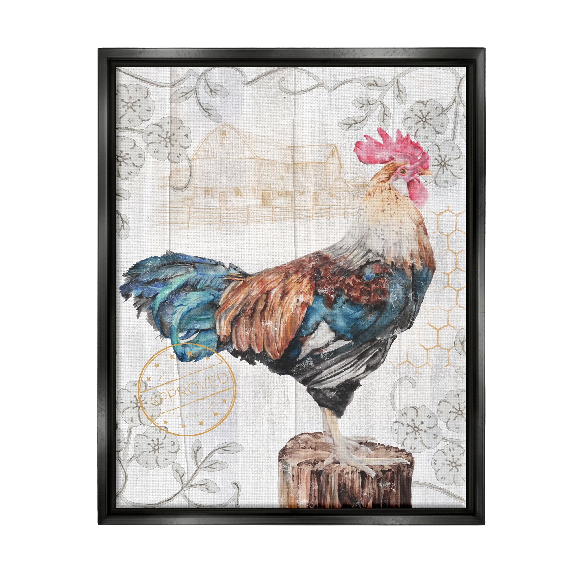 Stupell Industries Rooster with Vintage Pattern Animals & Insects Painting Black Floater Framed Canvas Art Print Wall Art, 25 x 31
