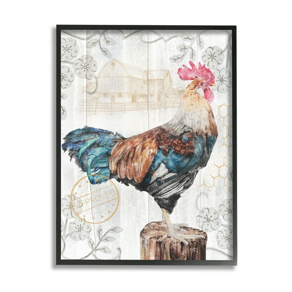 Stupell Industries Rooster with Vintage Pattern Animals & Insects Painting Black Framed Art Print Wall Art, 11 x 14